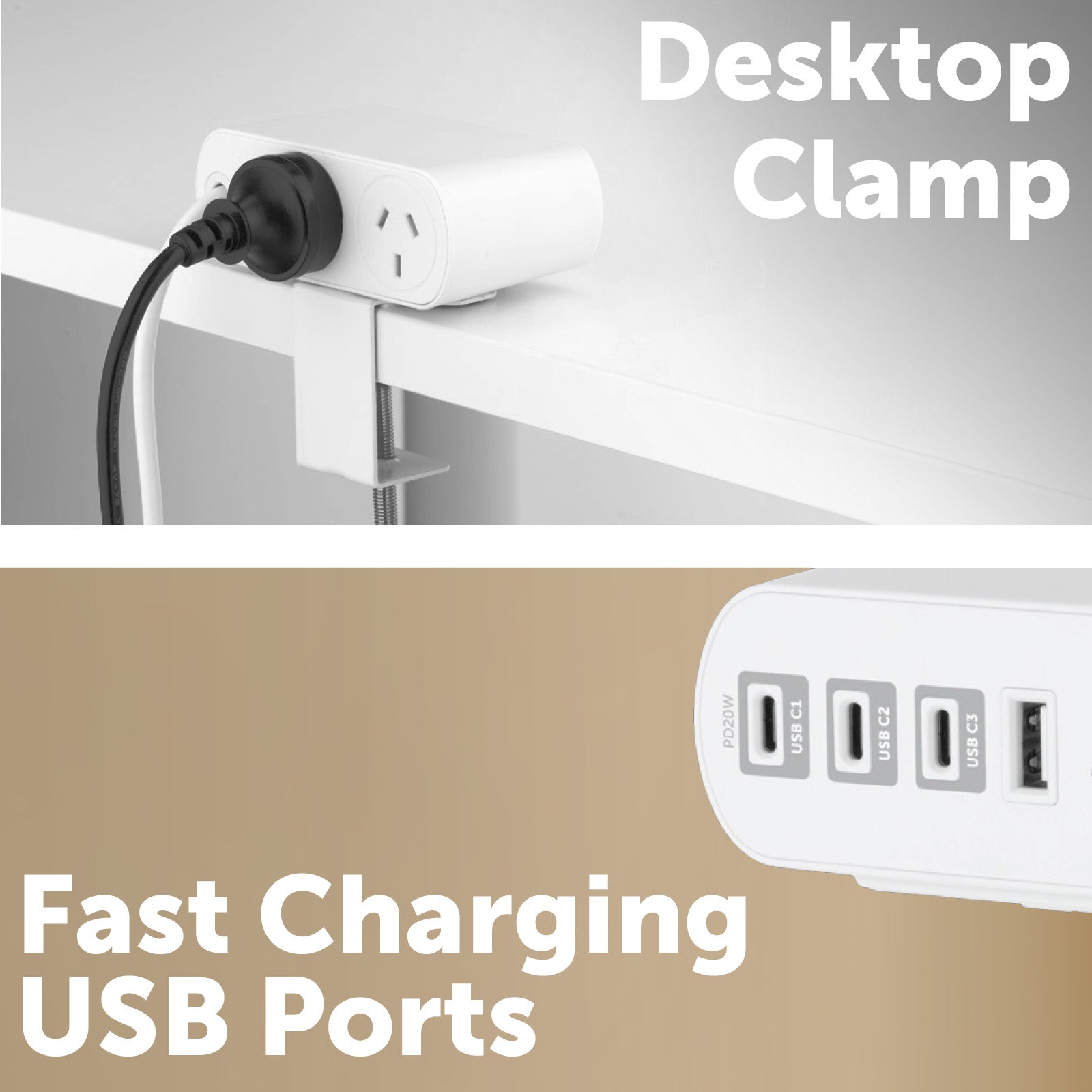 Arlec 2 Outlet PD20W USB C Powerboard With Desktop Clamp - desktop clamp board, USB-C powerboard, compact surge protected extension