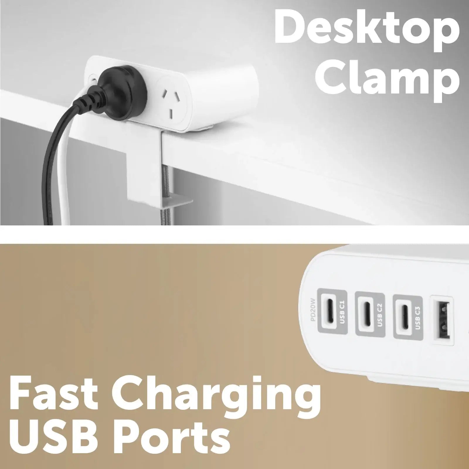 Arlec 2 Outlet PD20W USB C Powerboard With Desktop Clamp - desktop clamp board, USB-C powerboard, compact surge protected extension