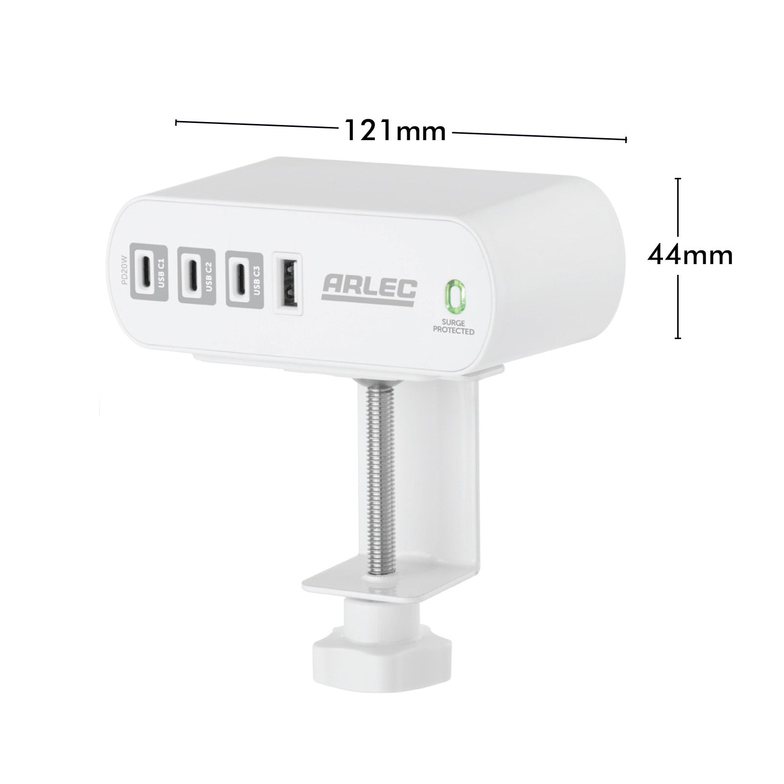 Arlec 2 Outlet PD20W USB C Powerboard With Desktop Clamp - desktop clamp board, USB-C powerboard, compact surge protected extension