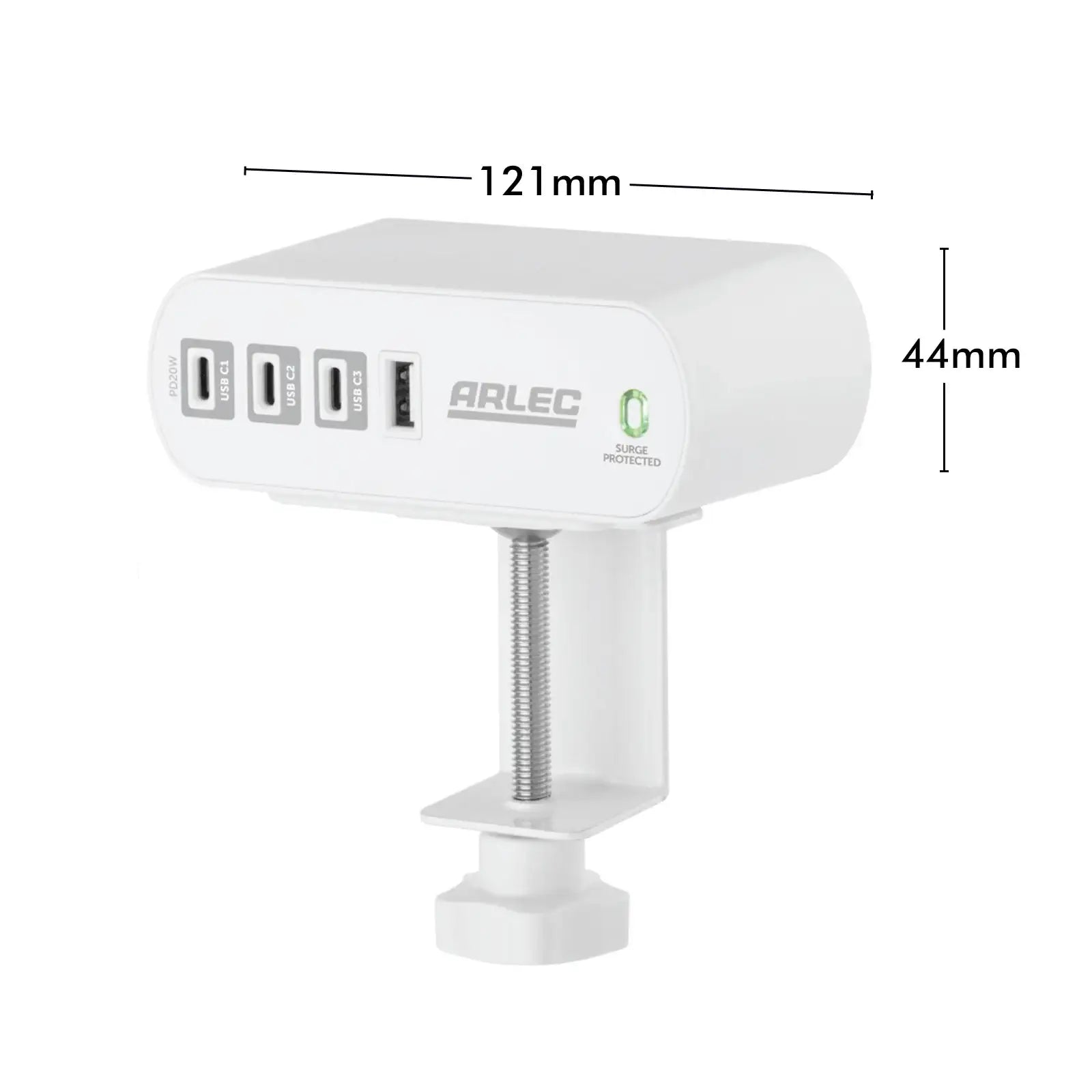 Arlec 2 Outlet PD20W USB C Powerboard With Desktop Clamp - desktop clamp board, USB-C powerboard, compact surge protected extension