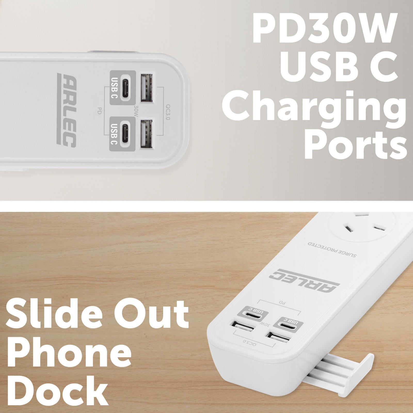 Arlec 2 Outlet Portable Powerboard with PD30W Rapid Charging USB 2xA & 2xC - portable USB board, travel charging station, compact surge board