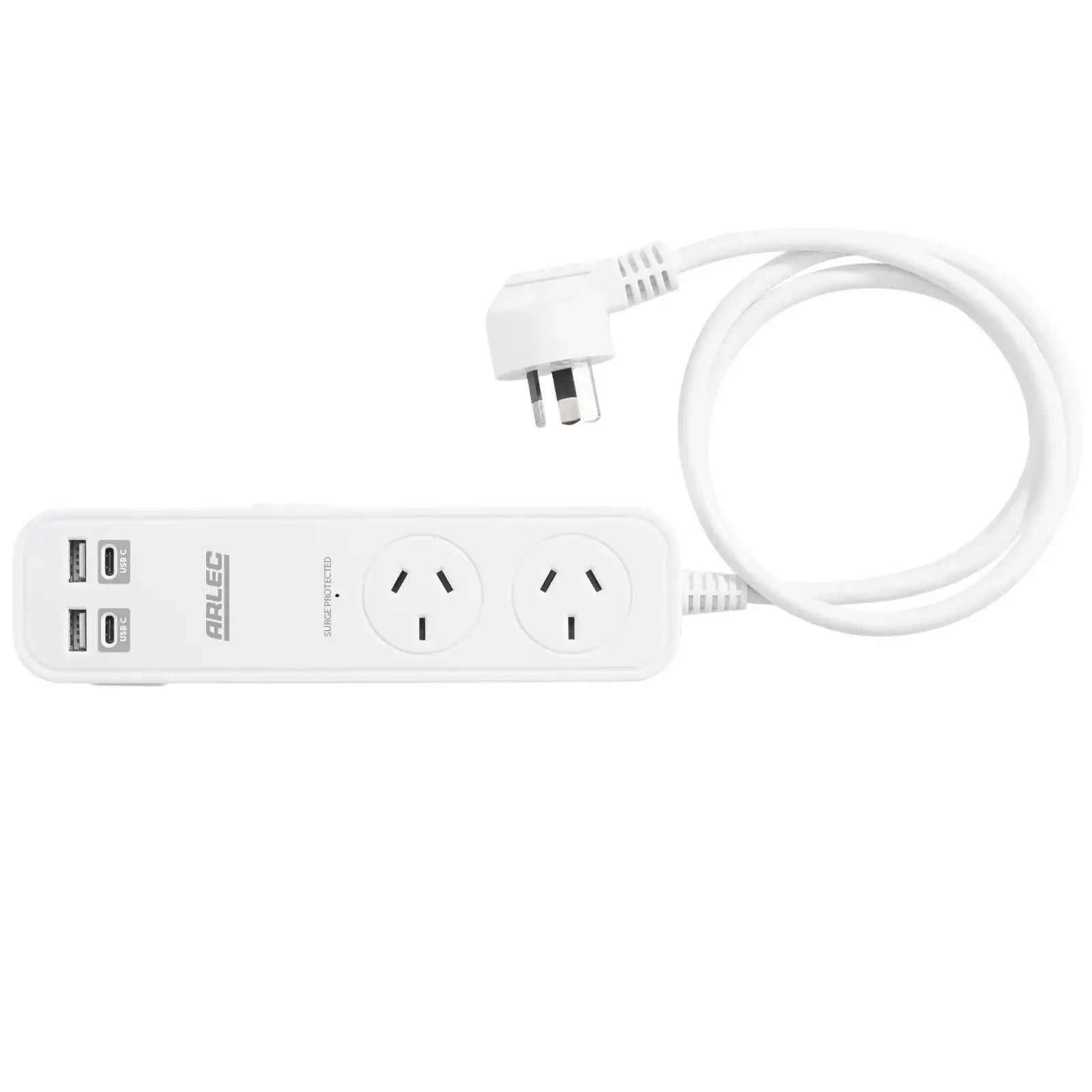 Arlec 2 Outlet Portable Powerboard with PD30W Rapid Charging USB 2xA & 2xC - portable USB board, travel charging station, compact surge board