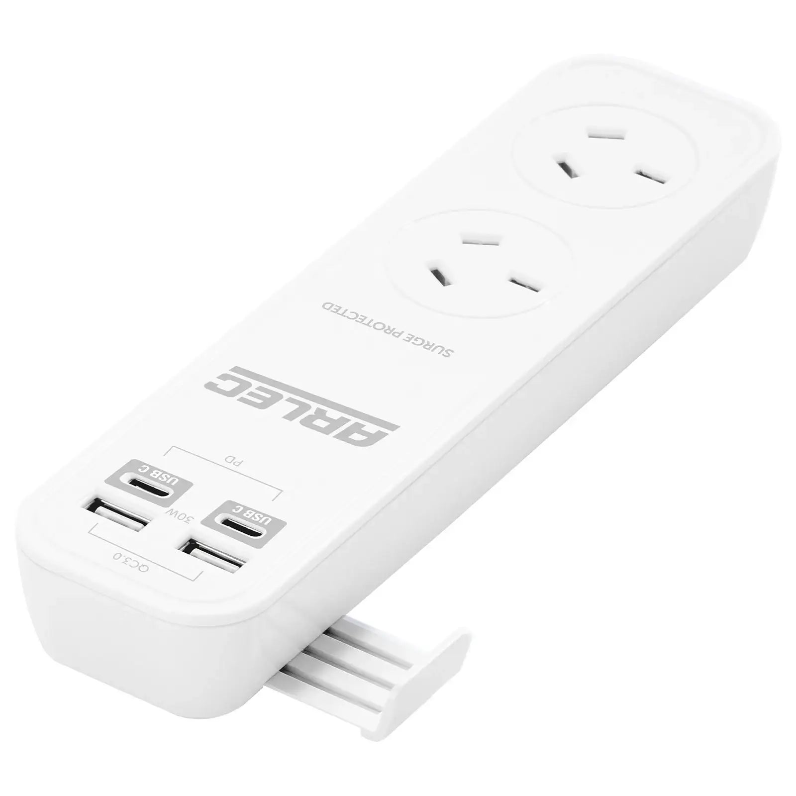Arlec 2 Outlet Portable Powerboard with PD30W Rapid Charging USB 2xA & 2xC - portable USB board, travel charging station, compact surge board