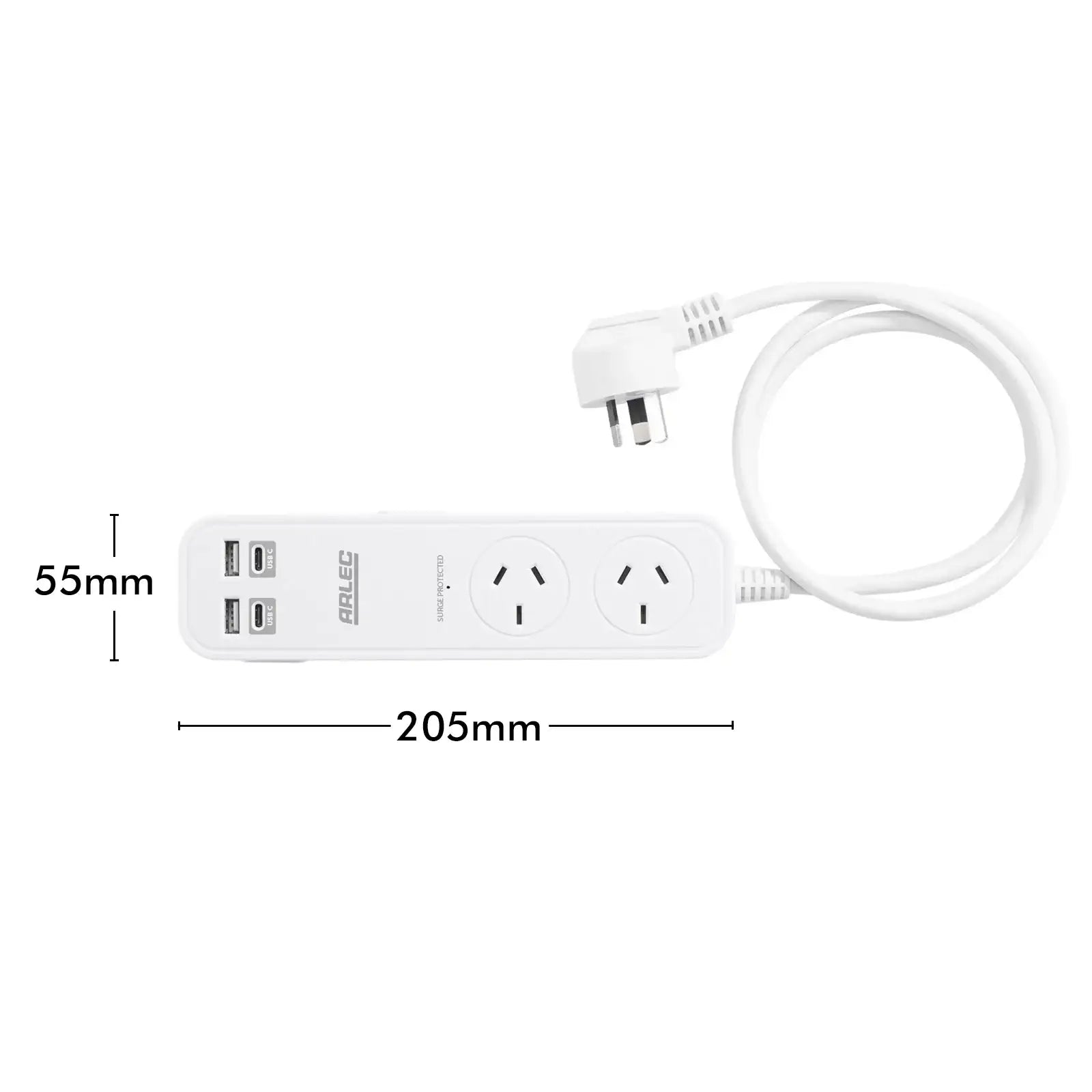 Arlec 2 Outlet Portable Powerboard with PD30W Rapid Charging USB 2xA & 2xC - portable USB board, travel charging station, compact surge board
