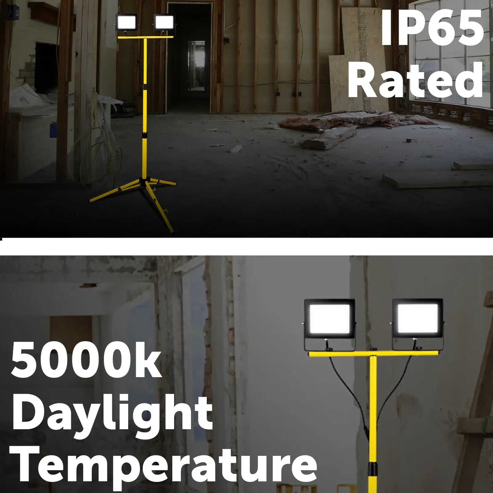 Twin 30W LED work lights with tripod, 6000 lumens total, for site or workshop use
