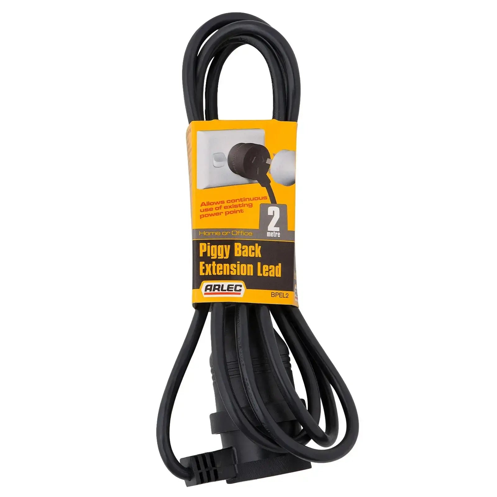 Arlec black 2m piggyback extension lead – indoor/outdoor use