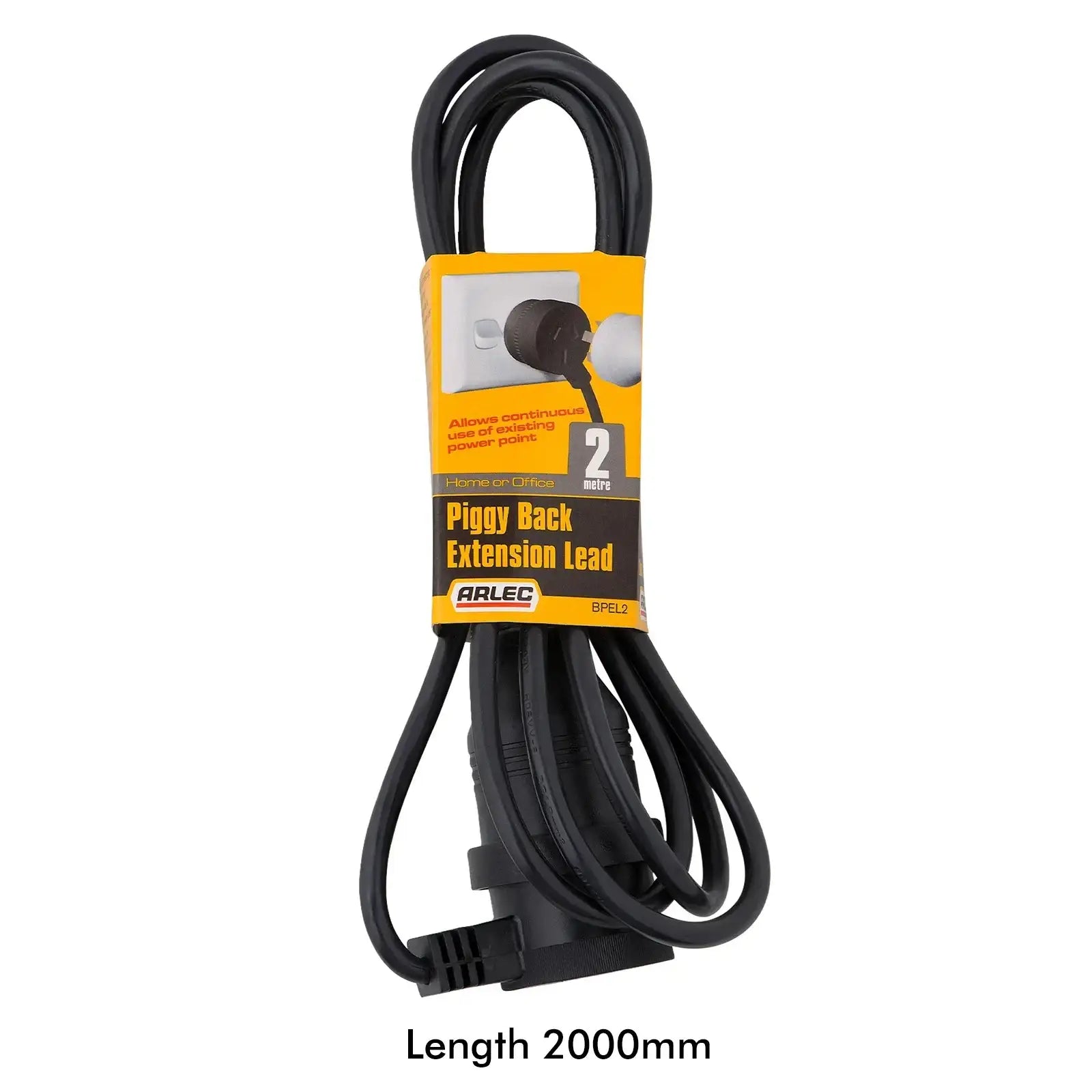 Arlec black 2m piggyback extension lead – indoor/outdoor use