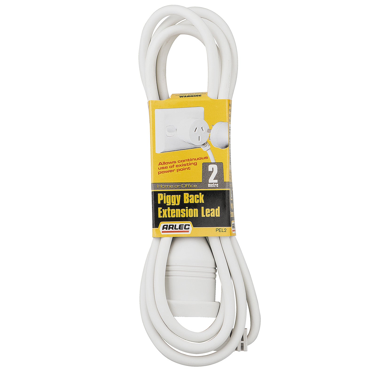 Arlec 2m White Piggy Back Extension Lead - piggyback extension lead, white extension cord, compact powerboard