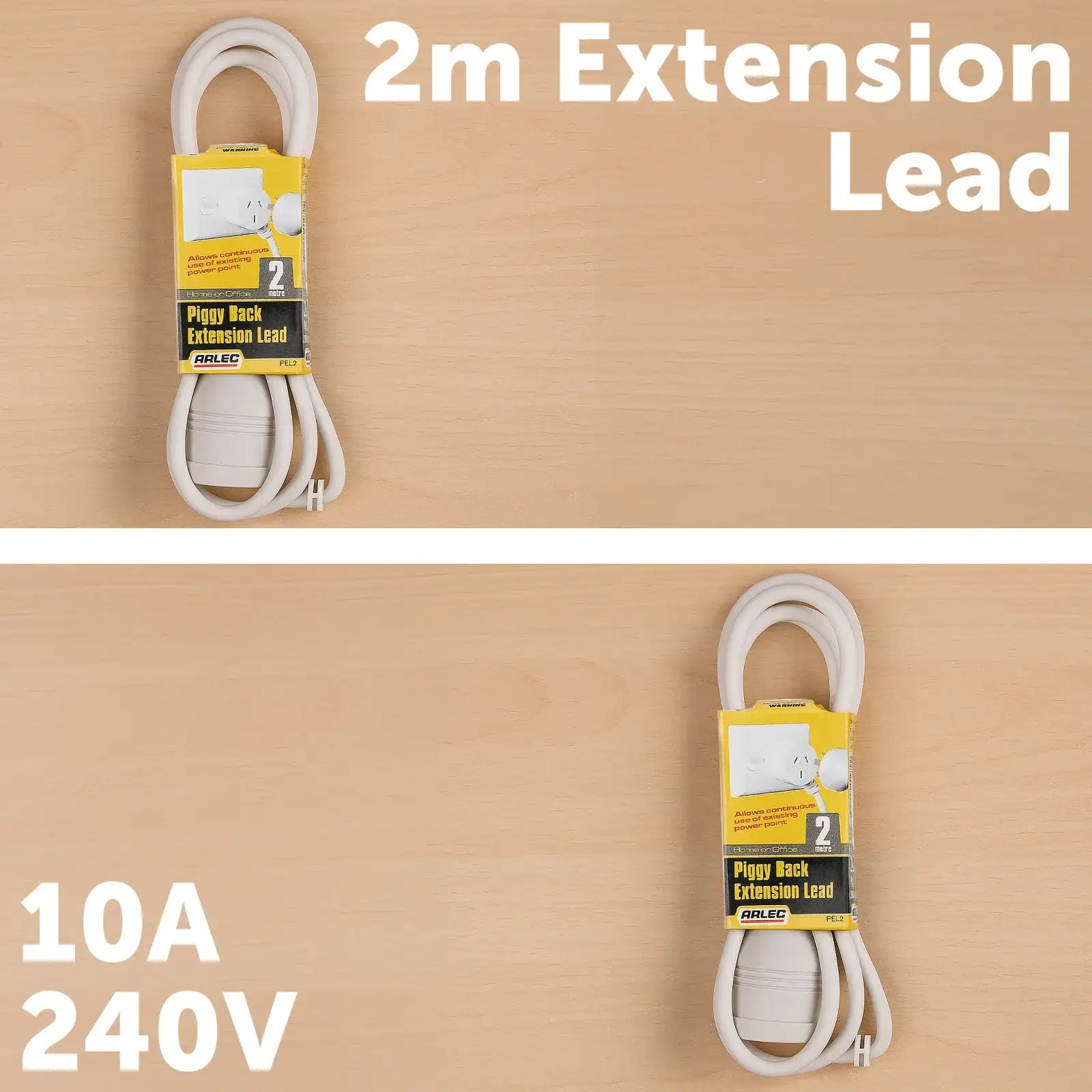 Arlec 2m White Piggy Back Extension Lead - piggyback extension lead, white extension cord, compact powerboard