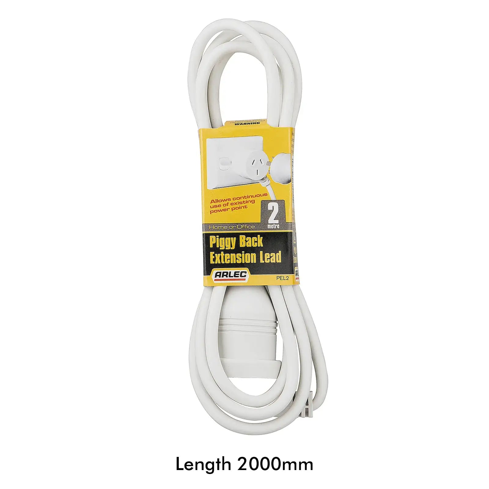 Arlec 2m White Piggy Back Extension Lead - piggyback extension lead, white extension cord, compact powerboard