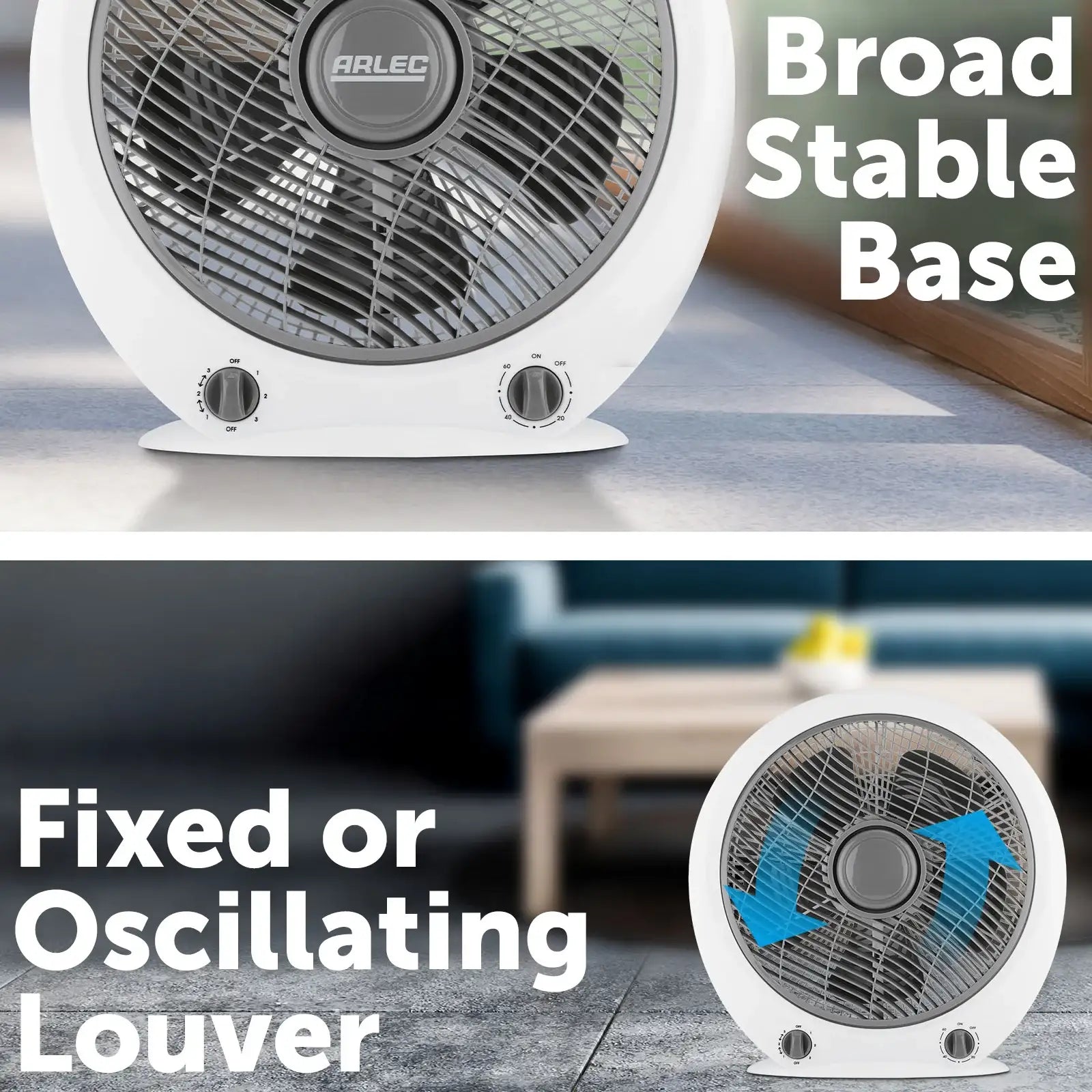 arlec 30cm box fan – compact desk fan for home; quiet 5-blade cooling fan; small box fan with timer