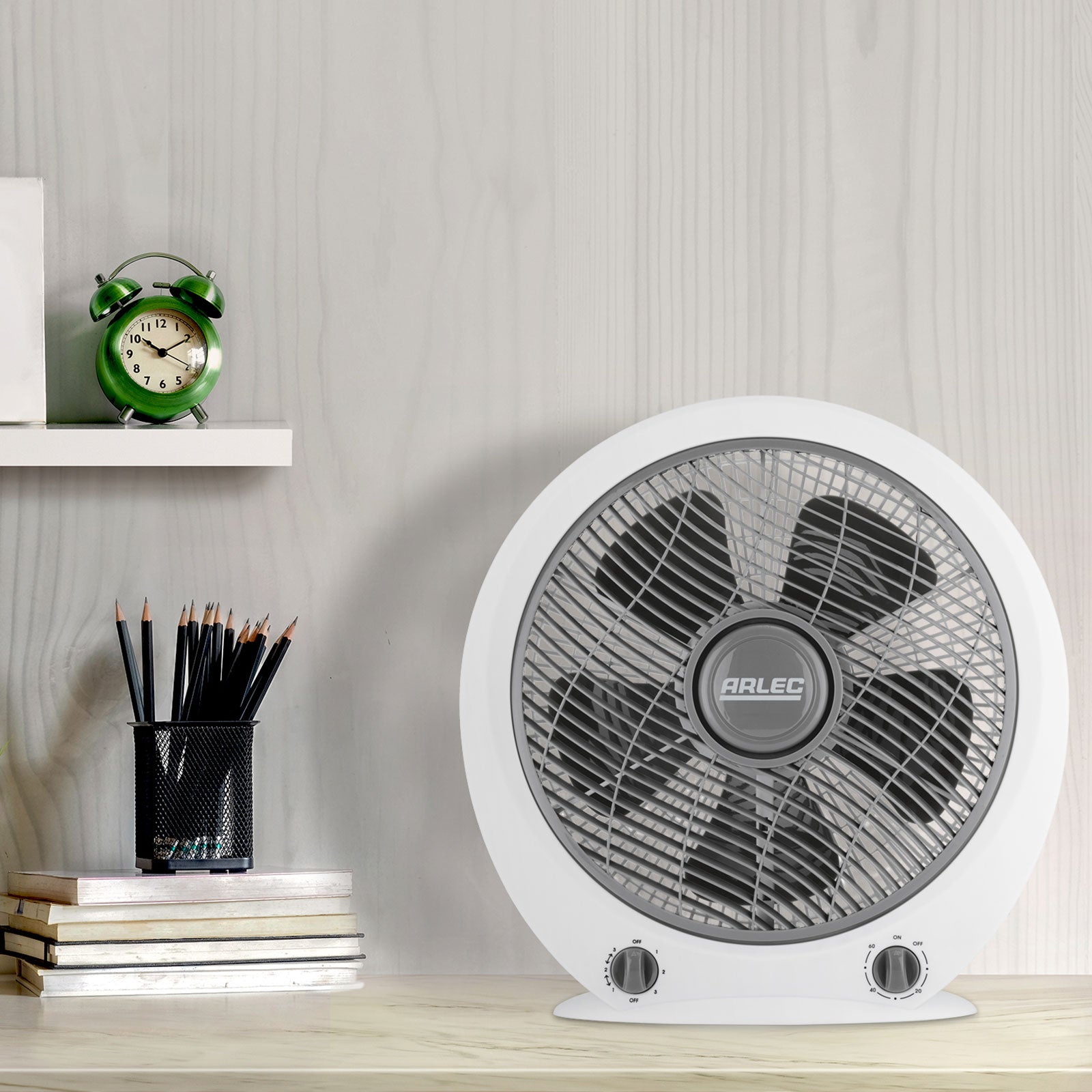 arlec 30cm box fan – compact desk fan for home; quiet 5-blade cooling fan; small box fan with timer
