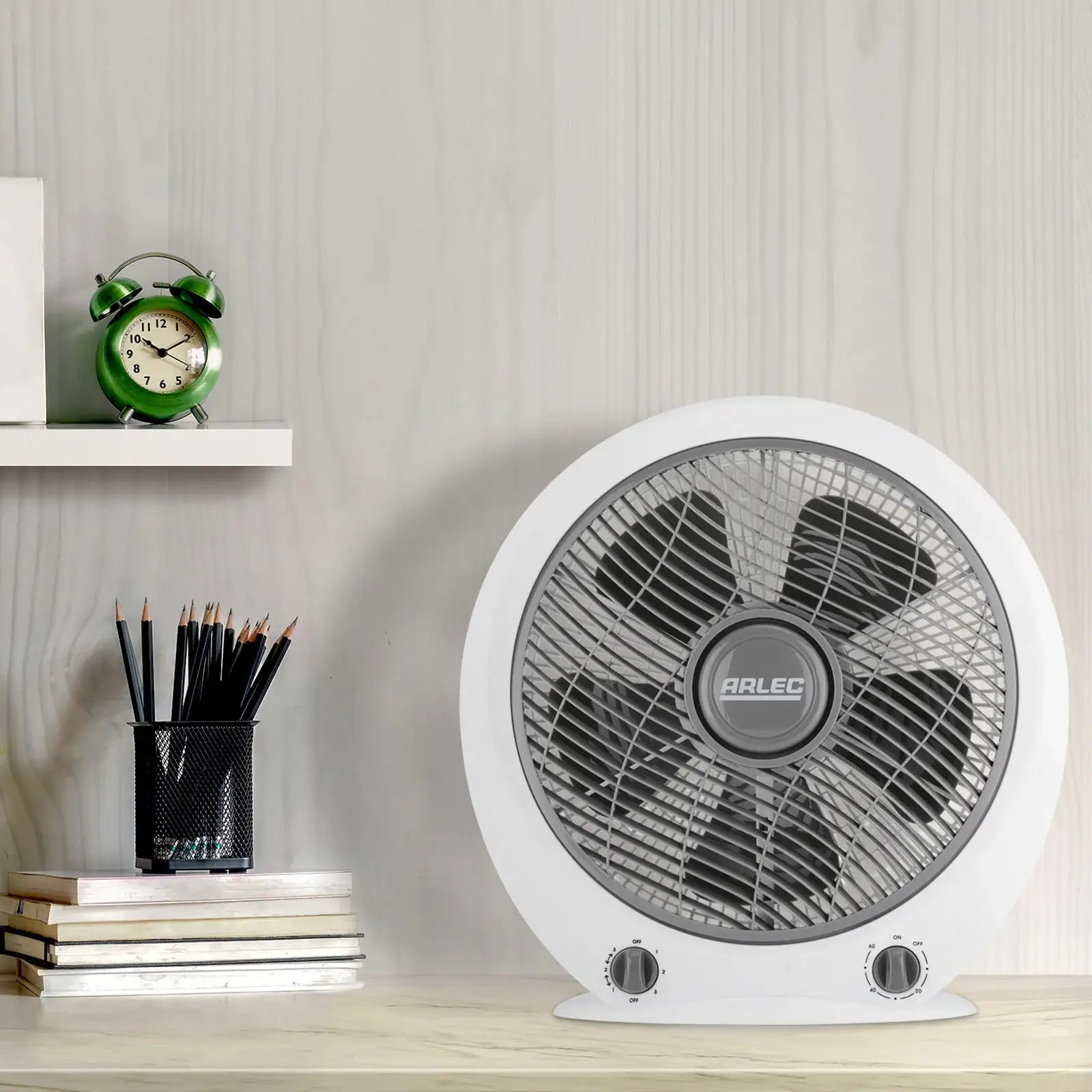 arlec 30cm box fan – compact desk fan for home; quiet 5-blade cooling fan; small box fan with timer