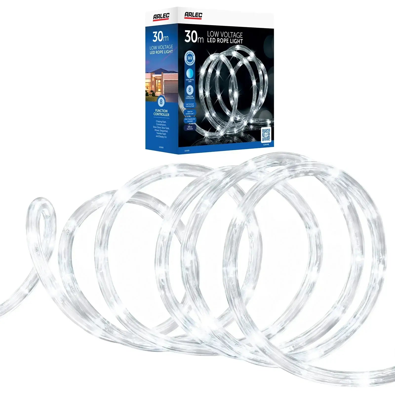 Arlec 30m white festive LED rope light with 8-function remote for indoor/outdoor décor