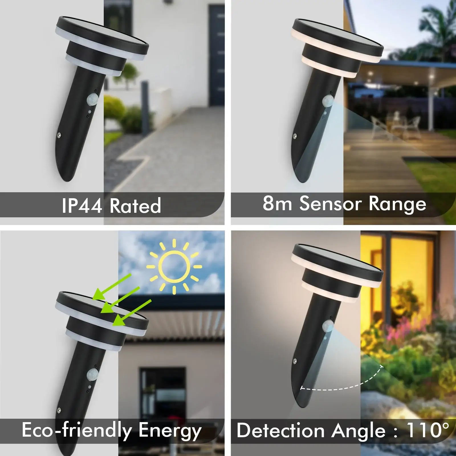 Arlec 400lm 26cm Solar LED Wall Light With Sensor - Black - solar powered light, motion sensor light, exterior wall light, energy efficient LED