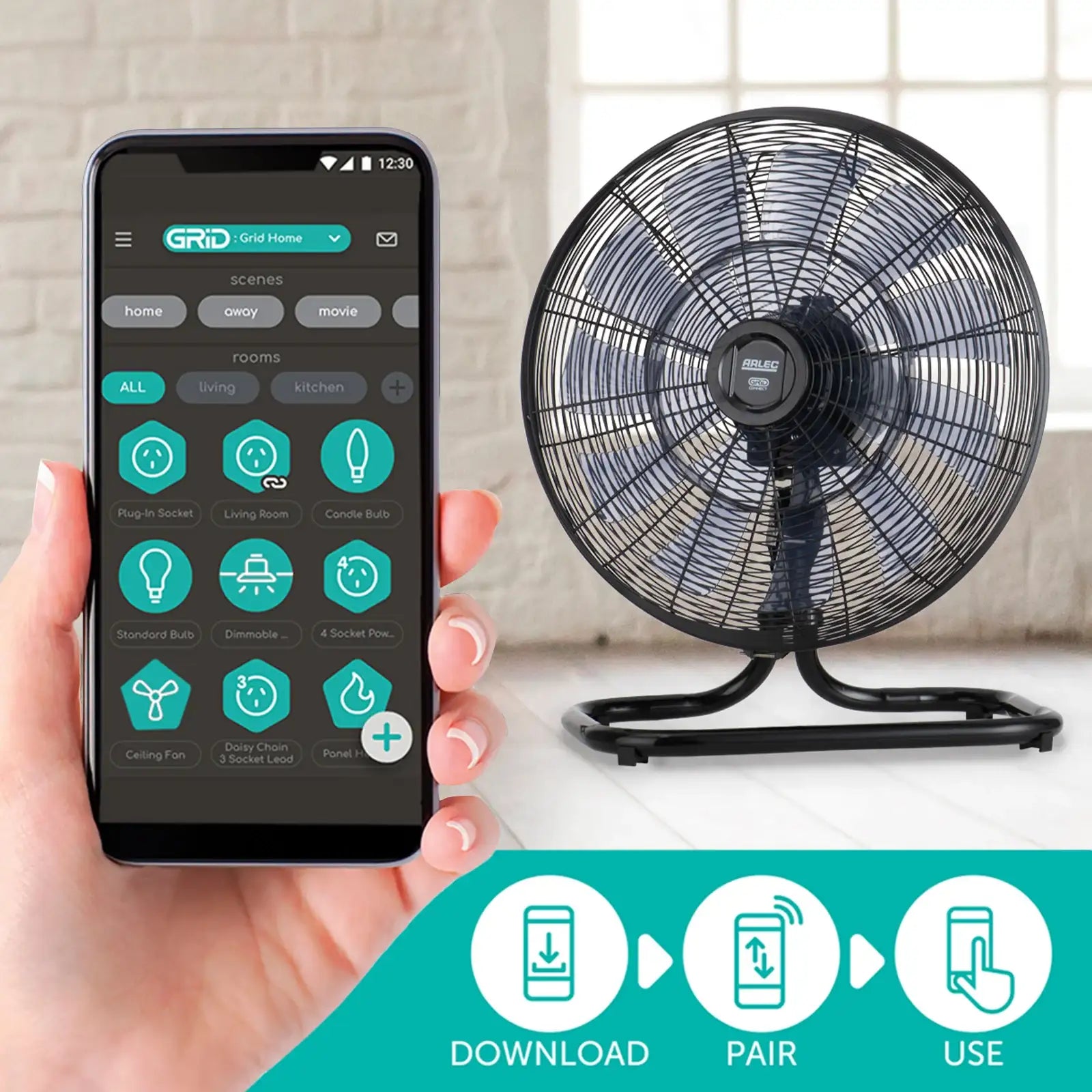 Smart DC floor fan with Wi-Fi control, 6 speeds, 18 blades, Grid Connect app, Google Assistant and Alexa compatible