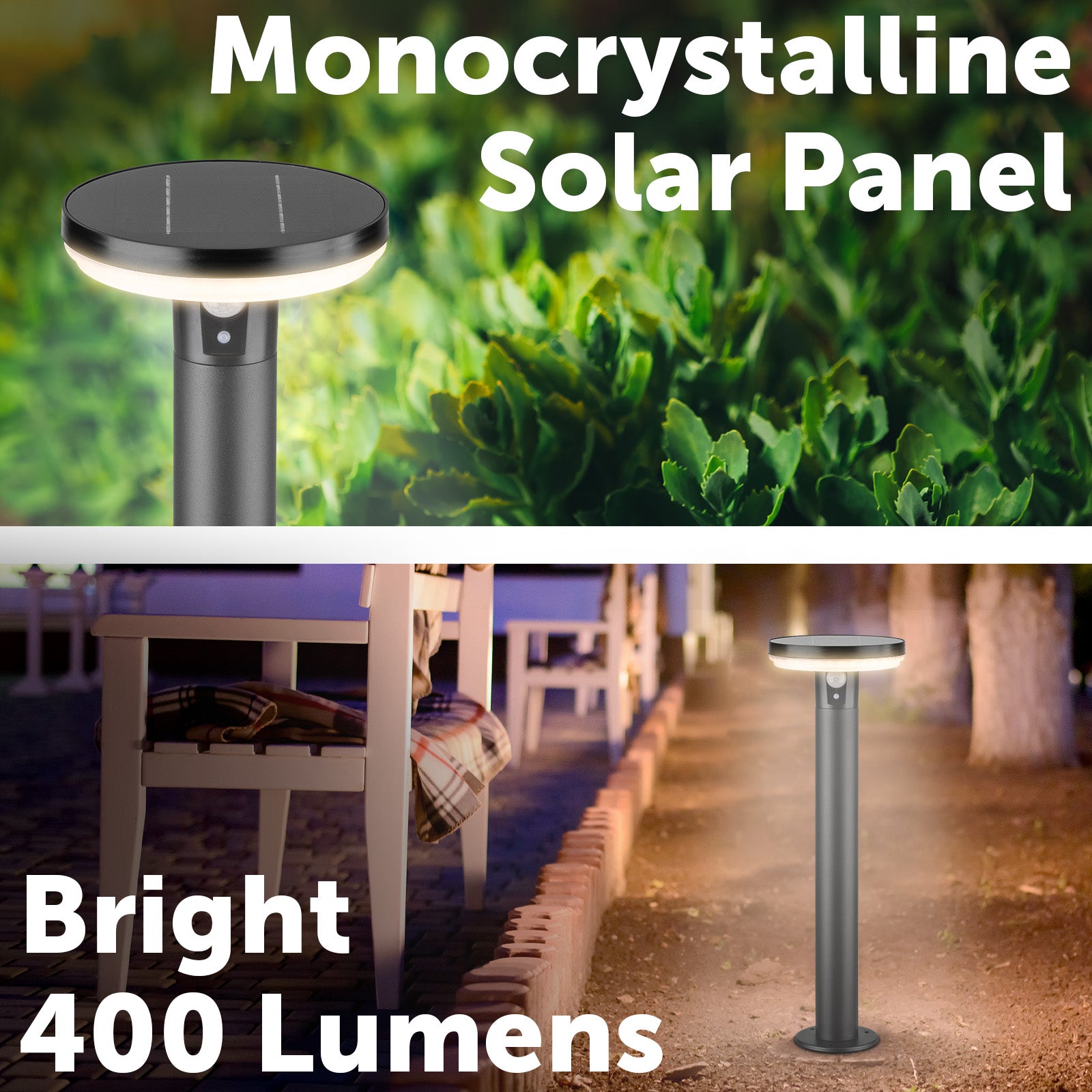 Arlec 48cm solar LED post light – 400 lumen motion sensor outdoor lighting with 3 light modes and stainless-steel finish