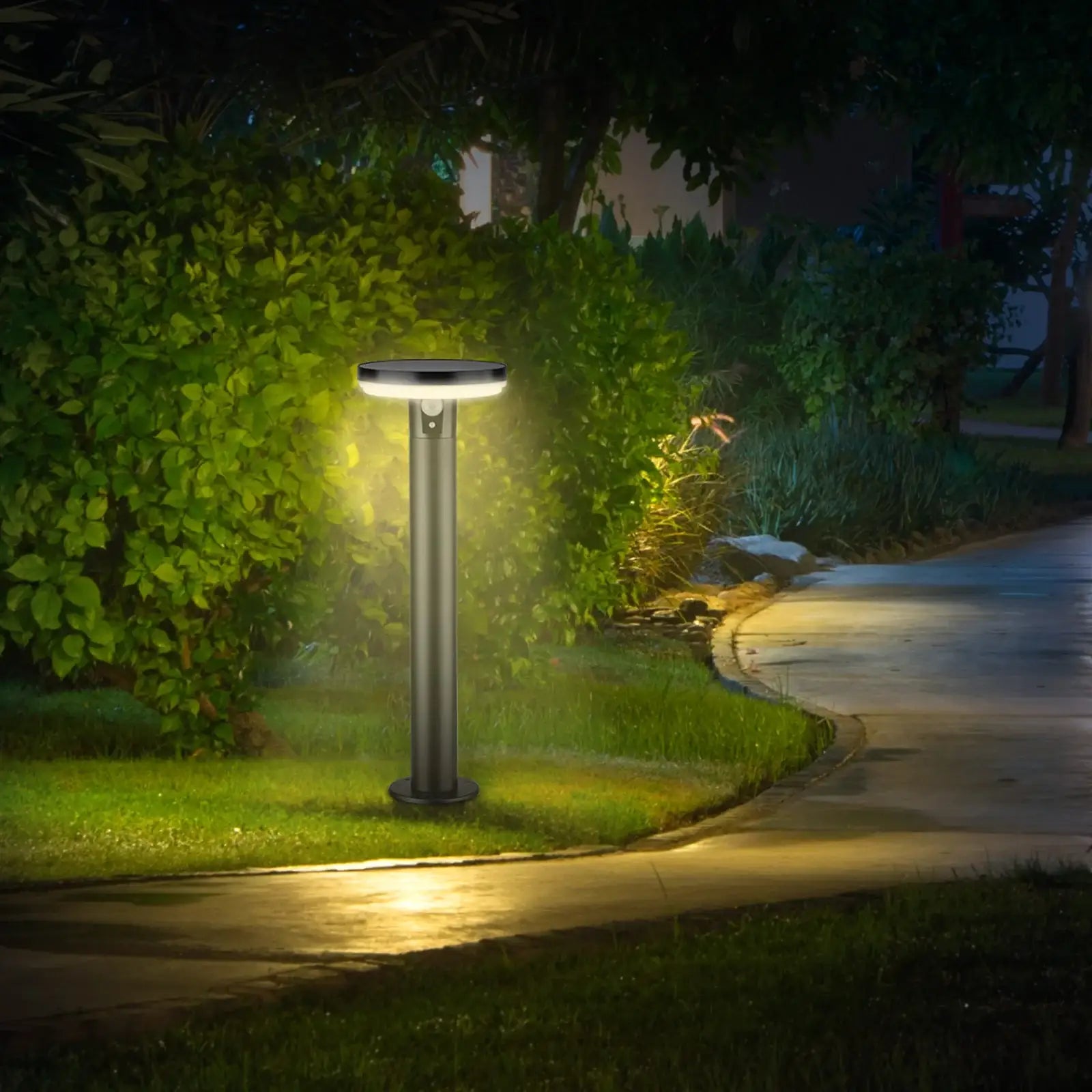Arlec 48cm solar LED post light – 400 lumen motion sensor outdoor lighting with 3 light modes and stainless-steel finish