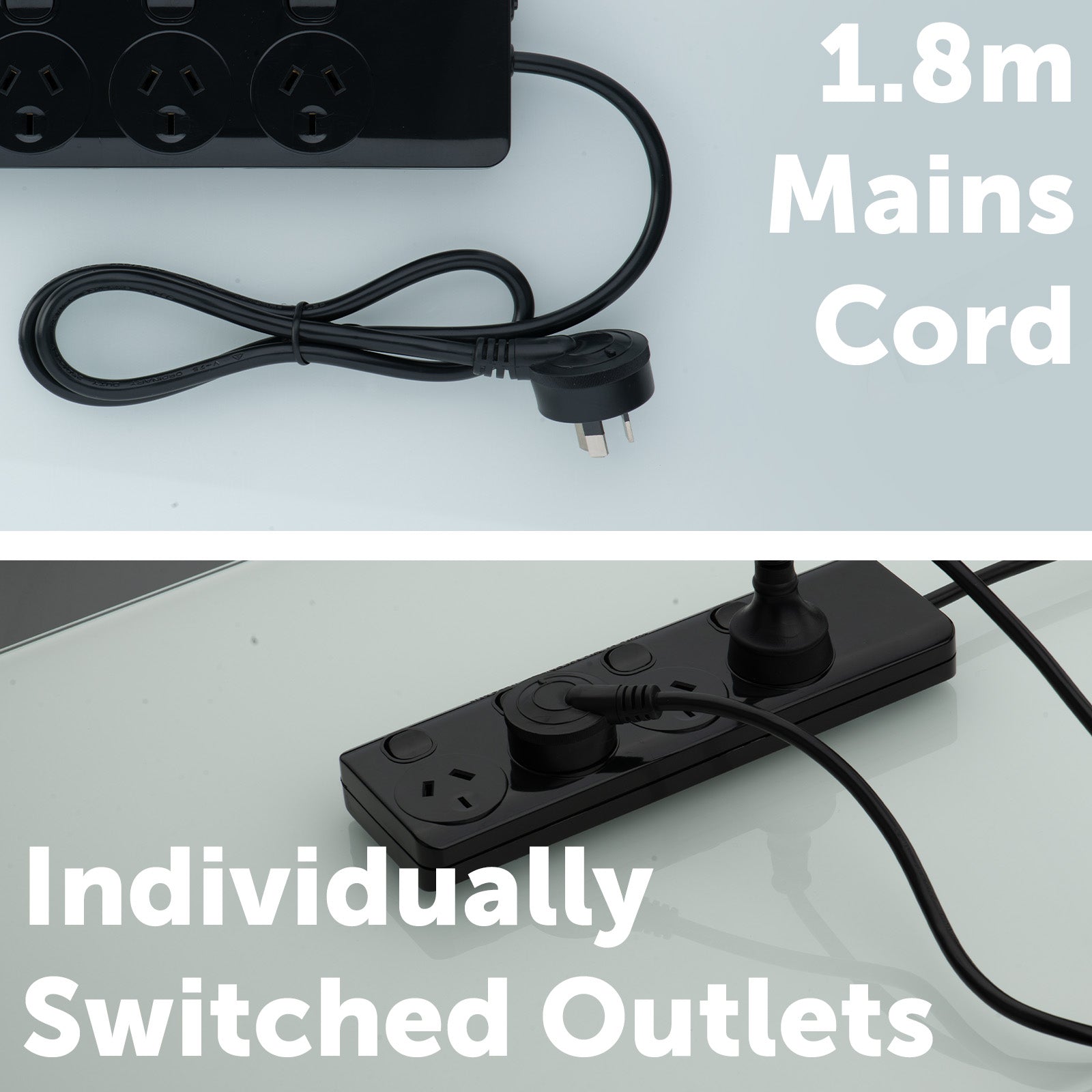Arlec 4 Outlet Black Individually Switched Powerboard with Safety Overload Warning Alarm - overload alarm board, black powerboard, switched surge protector