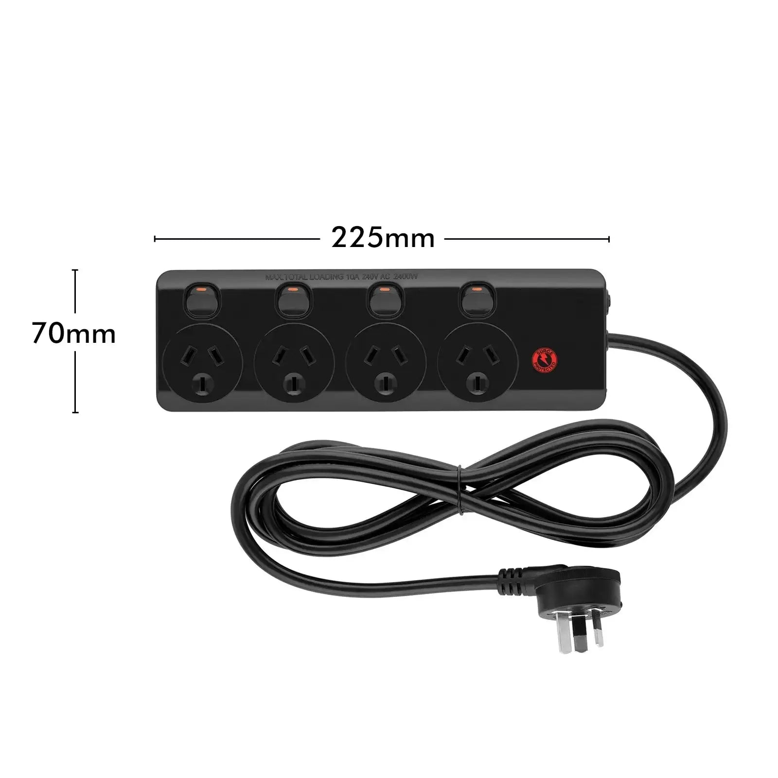 Arlec 4 Outlet Black Surge Protected Powerboard - black surge protector, 4 outlet extension board, long cable powerboard