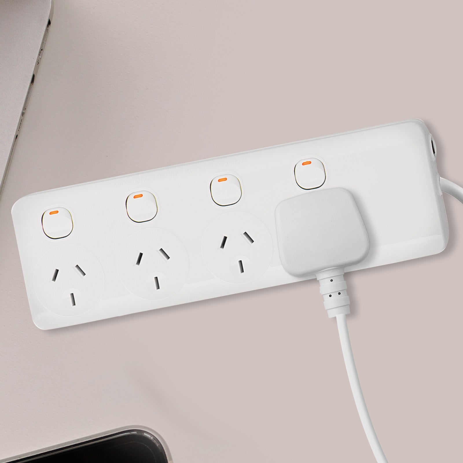 Arlec 4 Outlet Individually Switched Powerboard - 4 switched outlet board, indoor power strip, extended reach powerboard
