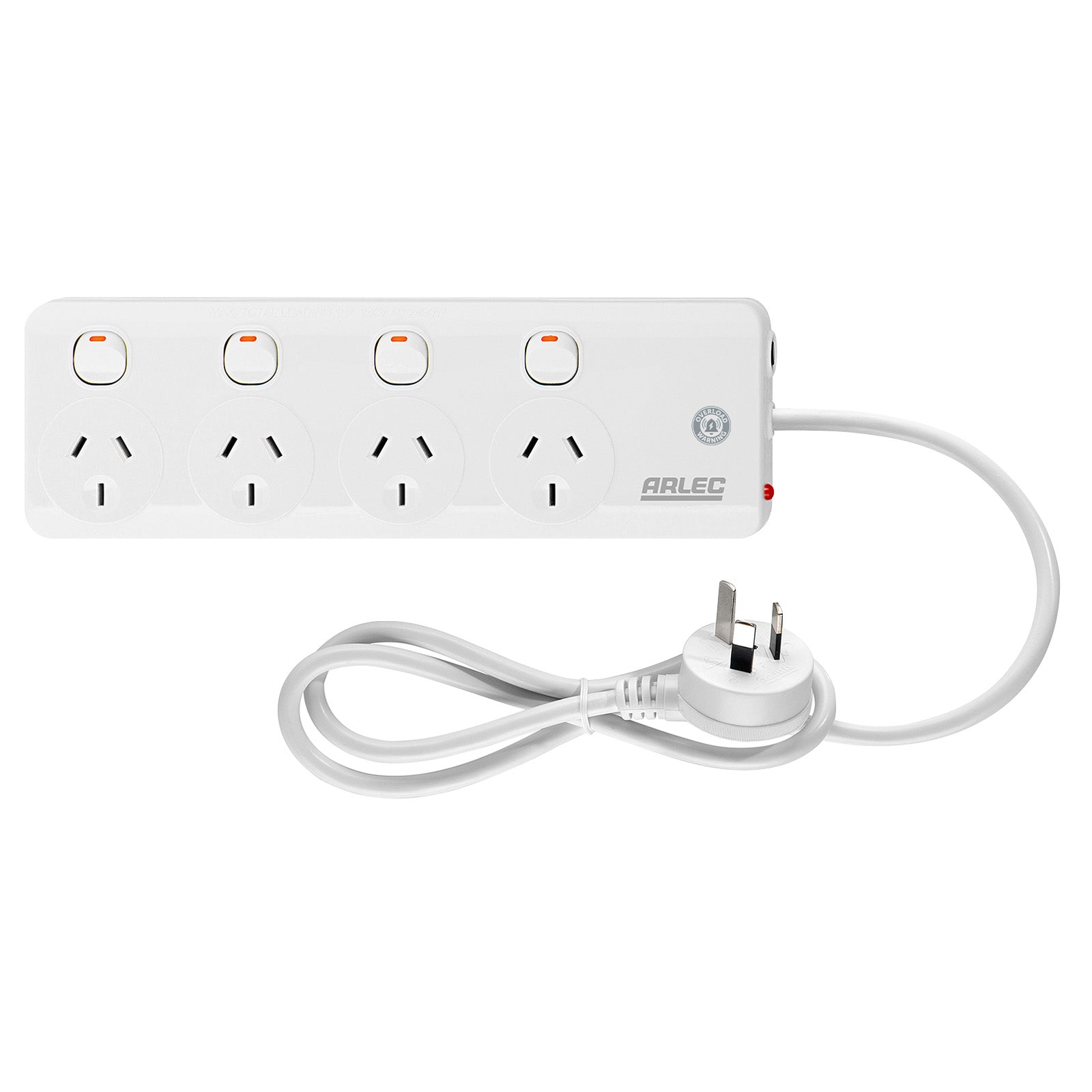 Arlec 4 Outlet Individually Switched Powerboard with Safety Overload Warning Alarm β 4 switch powerboard with warning system