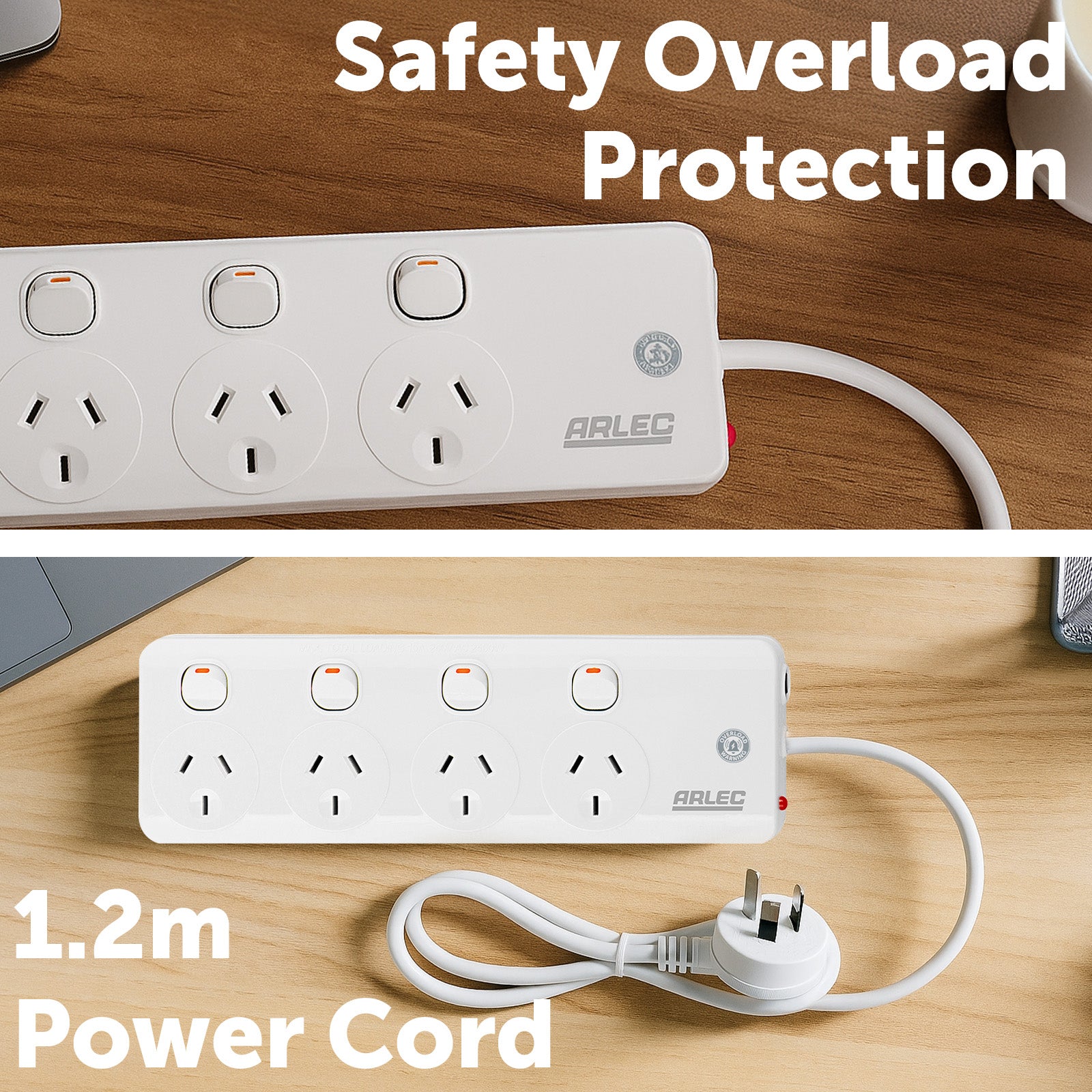 Arlec 4 Outlet Individually Switched Powerboard with Safety Overload Warning Alarm – 4 switch powerboard with warning system
