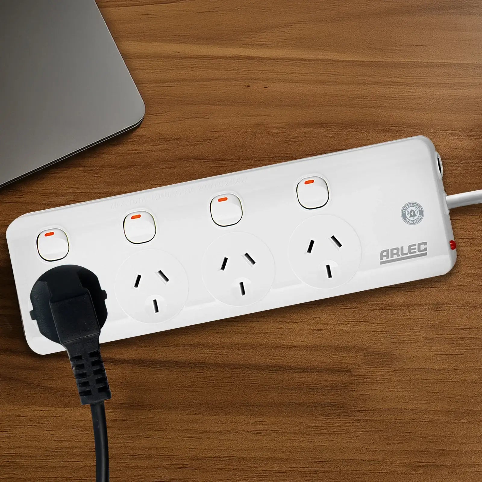 Arlec 4 Outlet Individually Switched Powerboard with Safety Overload Warning Alarm – 4 switch powerboard with warning system