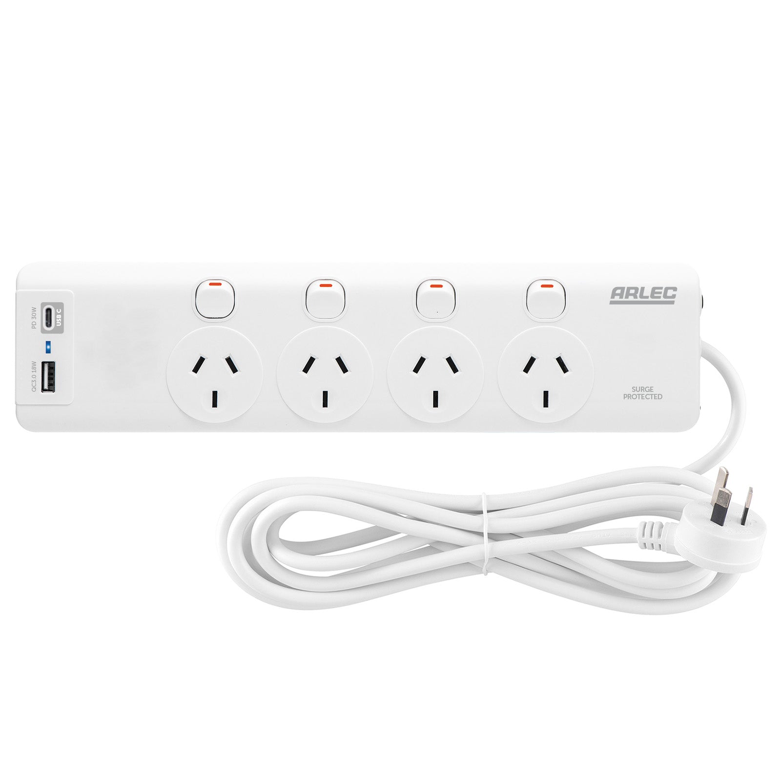 Arlec 4 Outlet Individually Switched Surge Powerboard With PD30W Rapid Charging USB A And C - power surge protection, fast charge USB powerboard, switched extension board