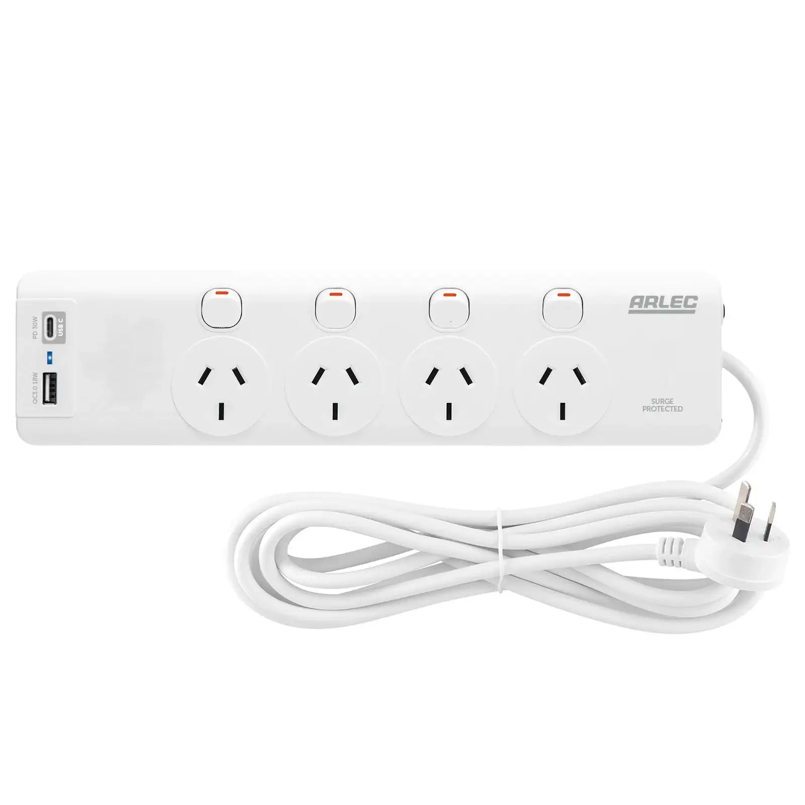 Arlec 4 Outlet Individually Switched Surge Powerboard With PD30W Rapid Charging USB A And C - power surge protection, fast charge USB powerboard, switched extension board