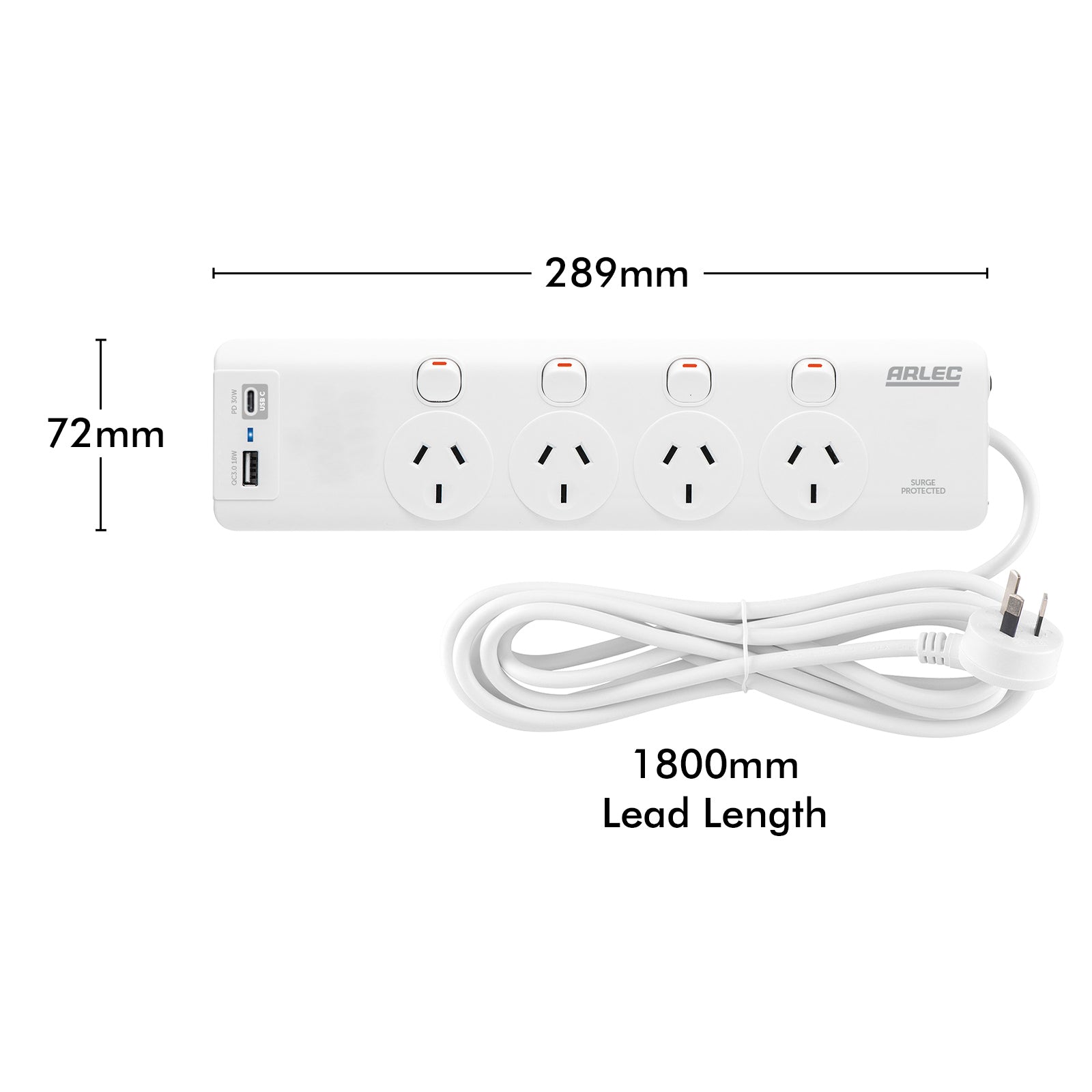 Arlec 4 Outlet Individually Switched Surge Powerboard With PD30W Rapid Charging USB A And C - power surge protection, fast charge USB powerboard, switched extension board