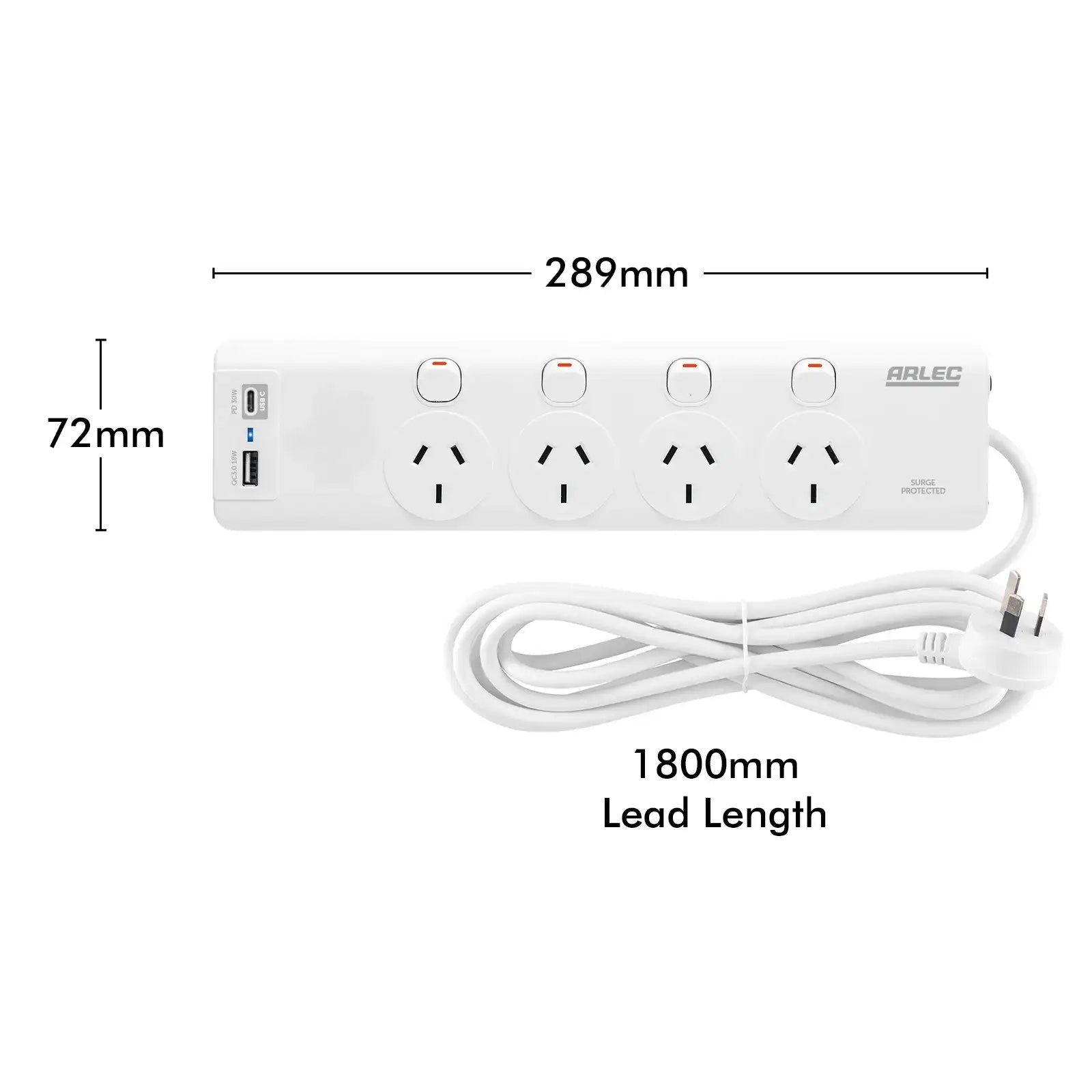 Arlec 4 Outlet Individually Switched Surge Powerboard With PD30W Rapid Charging USB A And C - power surge protection, fast charge USB powerboard, switched extension board