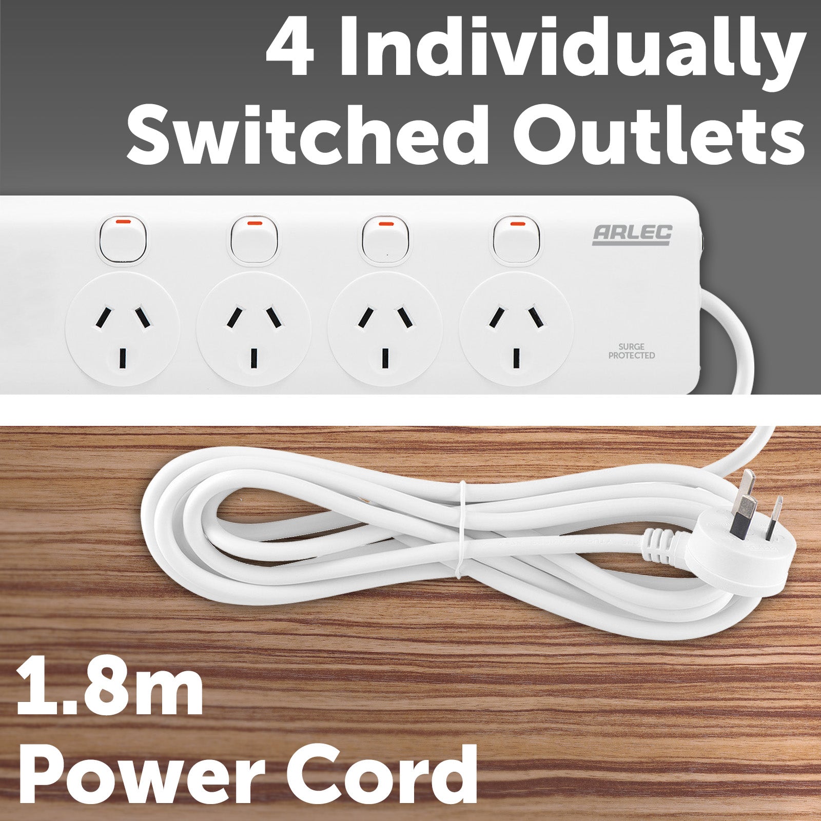 Arlec 4 Outlet Individually Switched Surge Powerboard With PD30W Rapid Charging USB A And C - power surge protection, fast charge USB powerboard, switched extension board