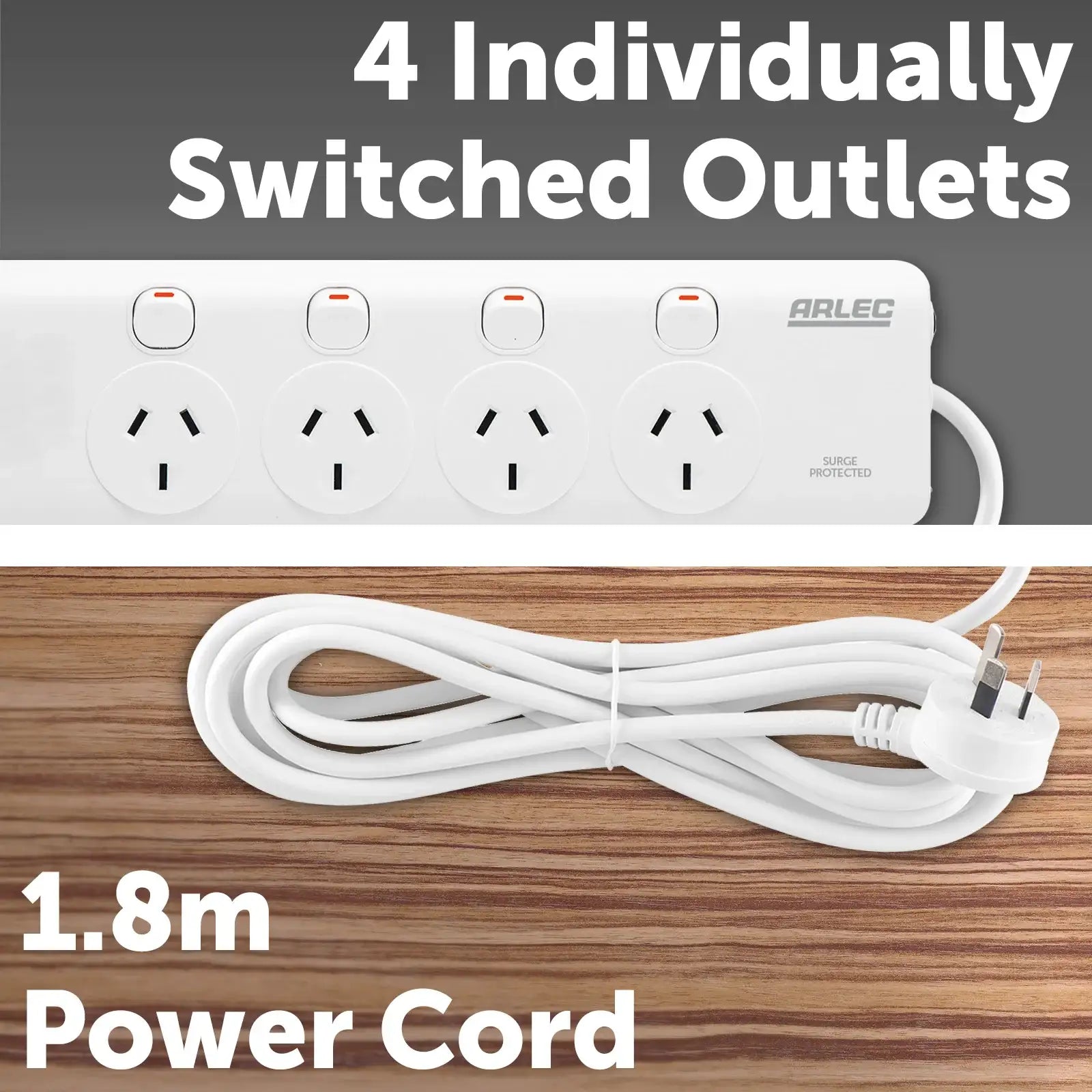 Arlec 4 Outlet Individually Switched Surge Powerboard With PD30W Rapid Charging USB A And C - power surge protection, fast charge USB powerboard, switched extension board
