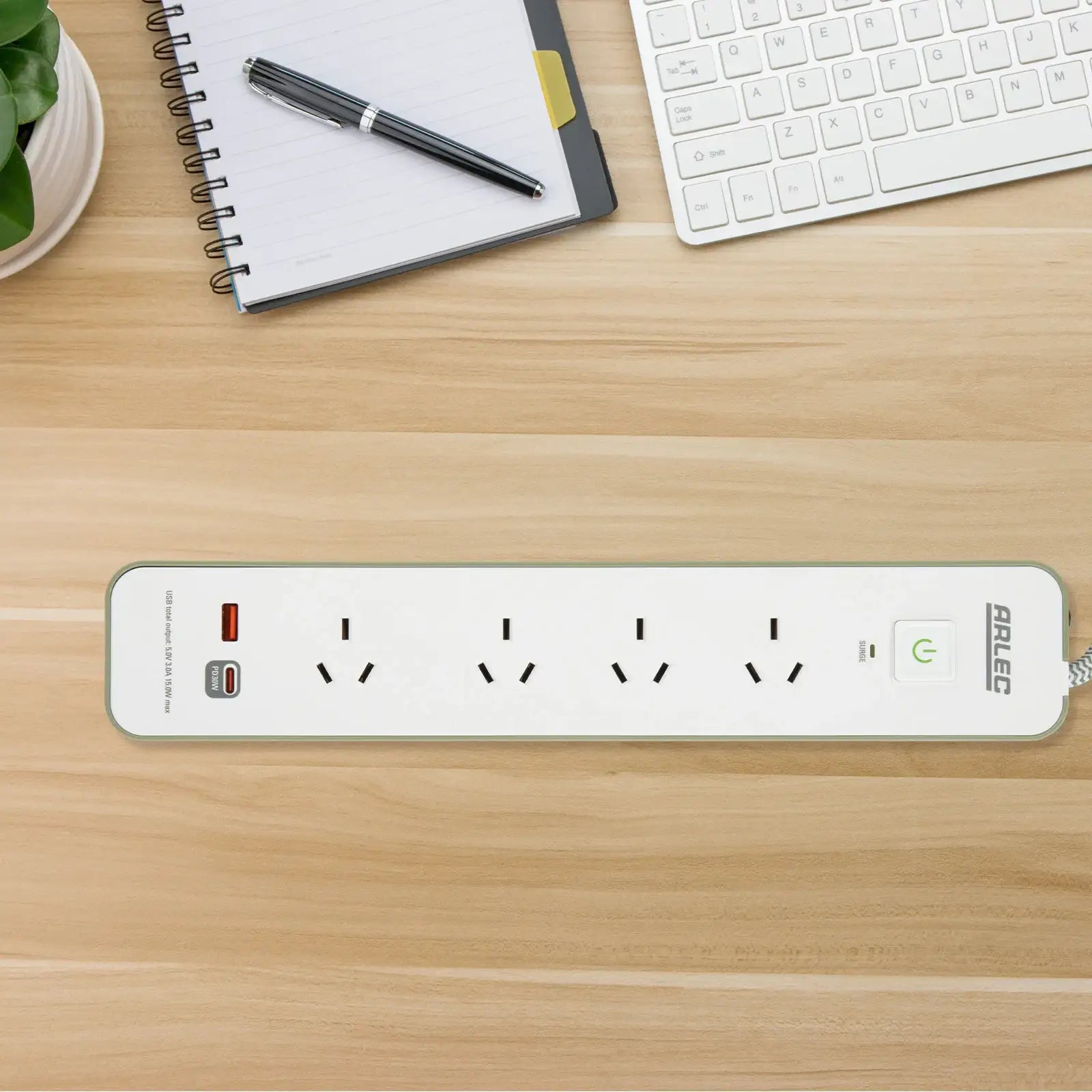 Arlec 4 Outlet PD30W Rapid Charge Powerboard Oil Green - PD30W fast charge board, green finish powerboard, 4 outlet USB extension