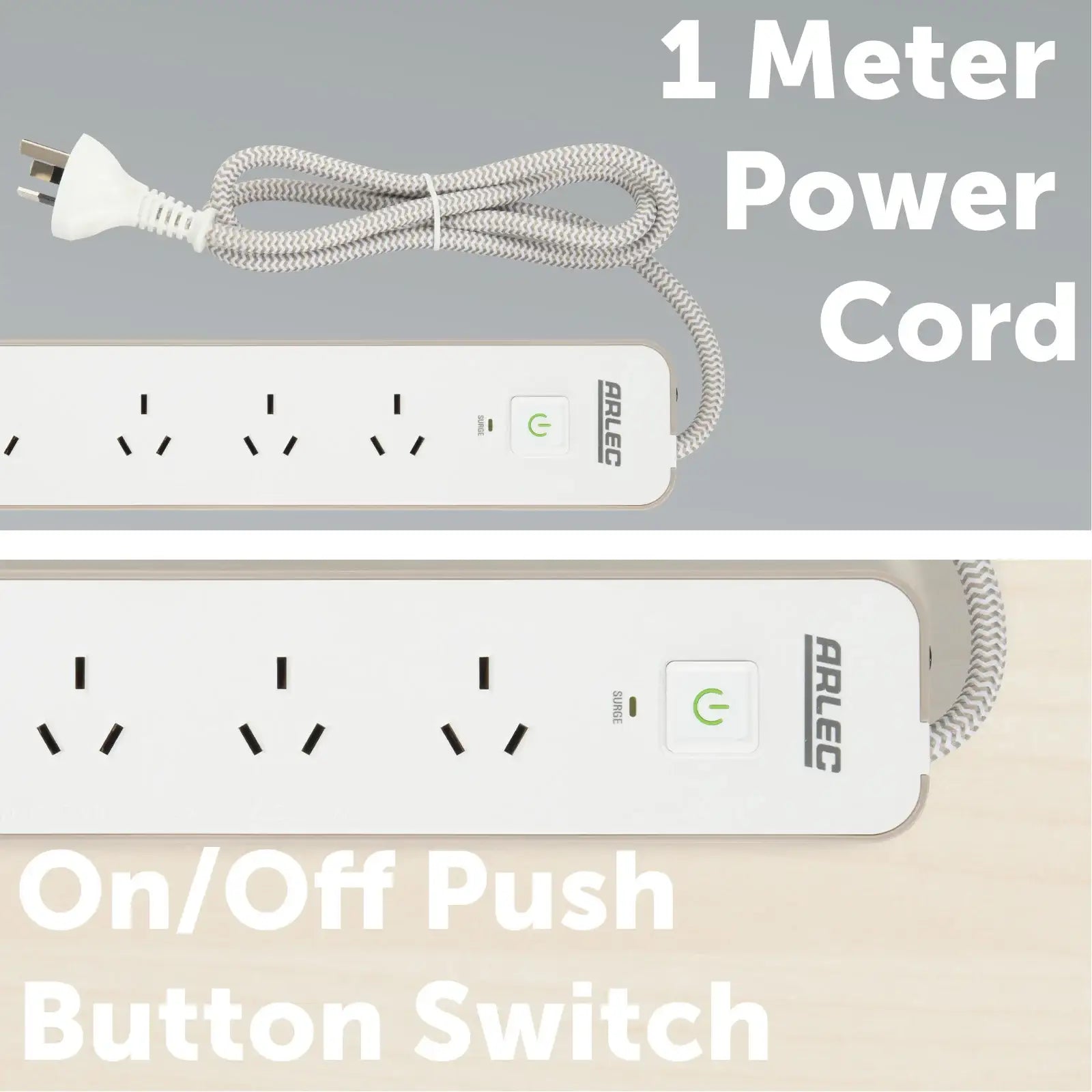 Arlec 4 Outlet PD30W Rapid Charge Powerboard Simply Taupe - stylish PD30W board, 4 outlet extension, USB charging power strip