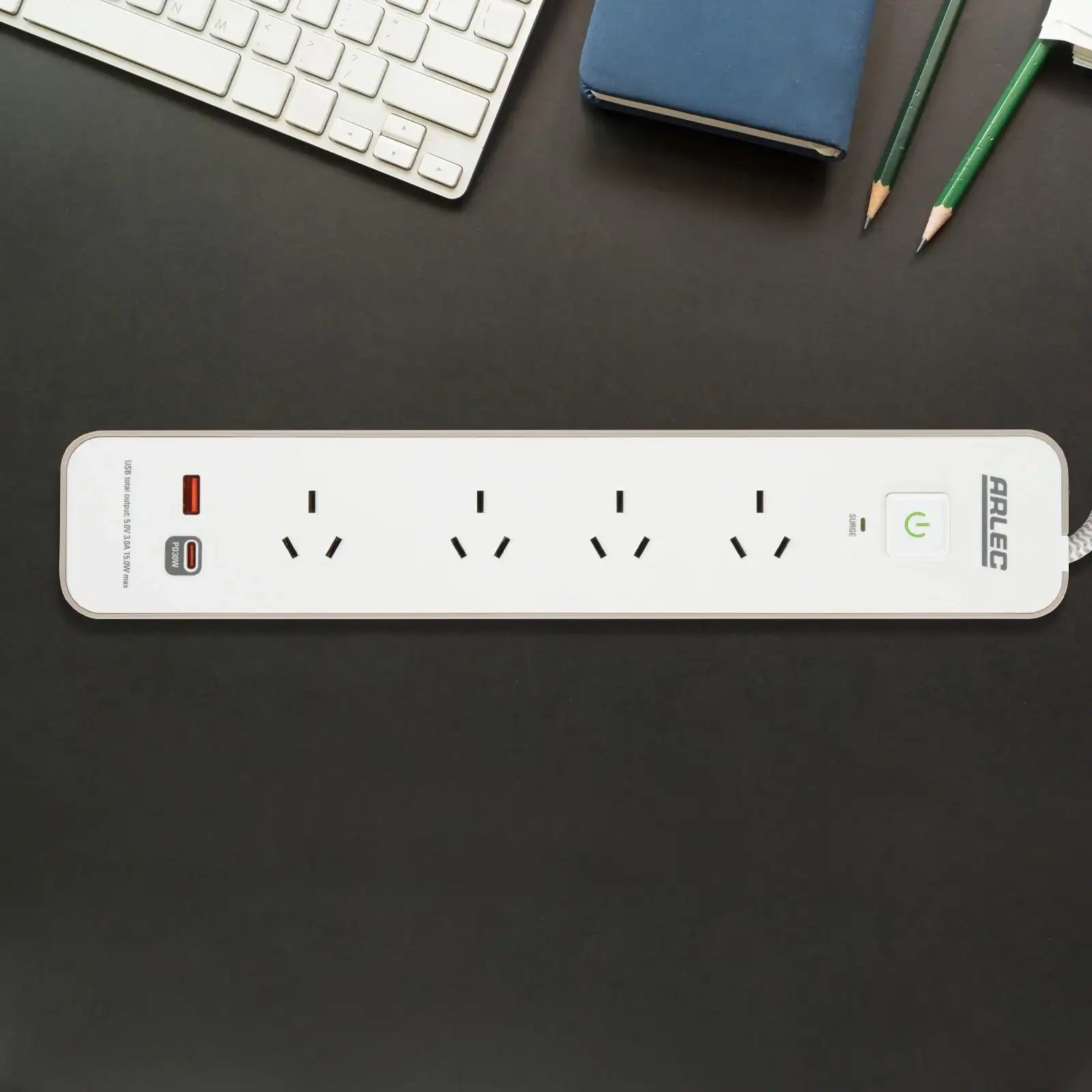 Arlec 4 Outlet PD30W Rapid Charge Powerboard Simply Taupe - stylish PD30W board, 4 outlet extension, USB charging power strip