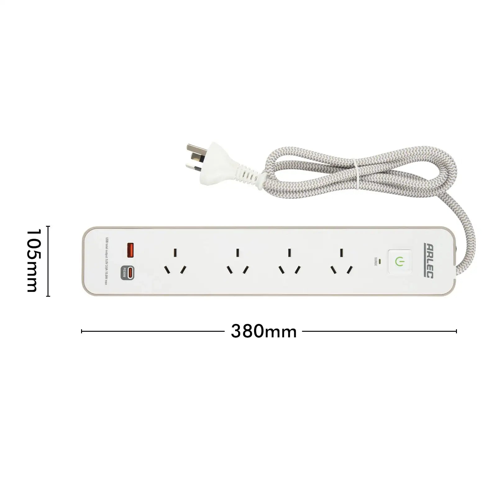 Arlec 4 Outlet PD30W Rapid Charge Powerboard Simply Taupe - stylish PD30W board, 4 outlet extension, USB charging power strip