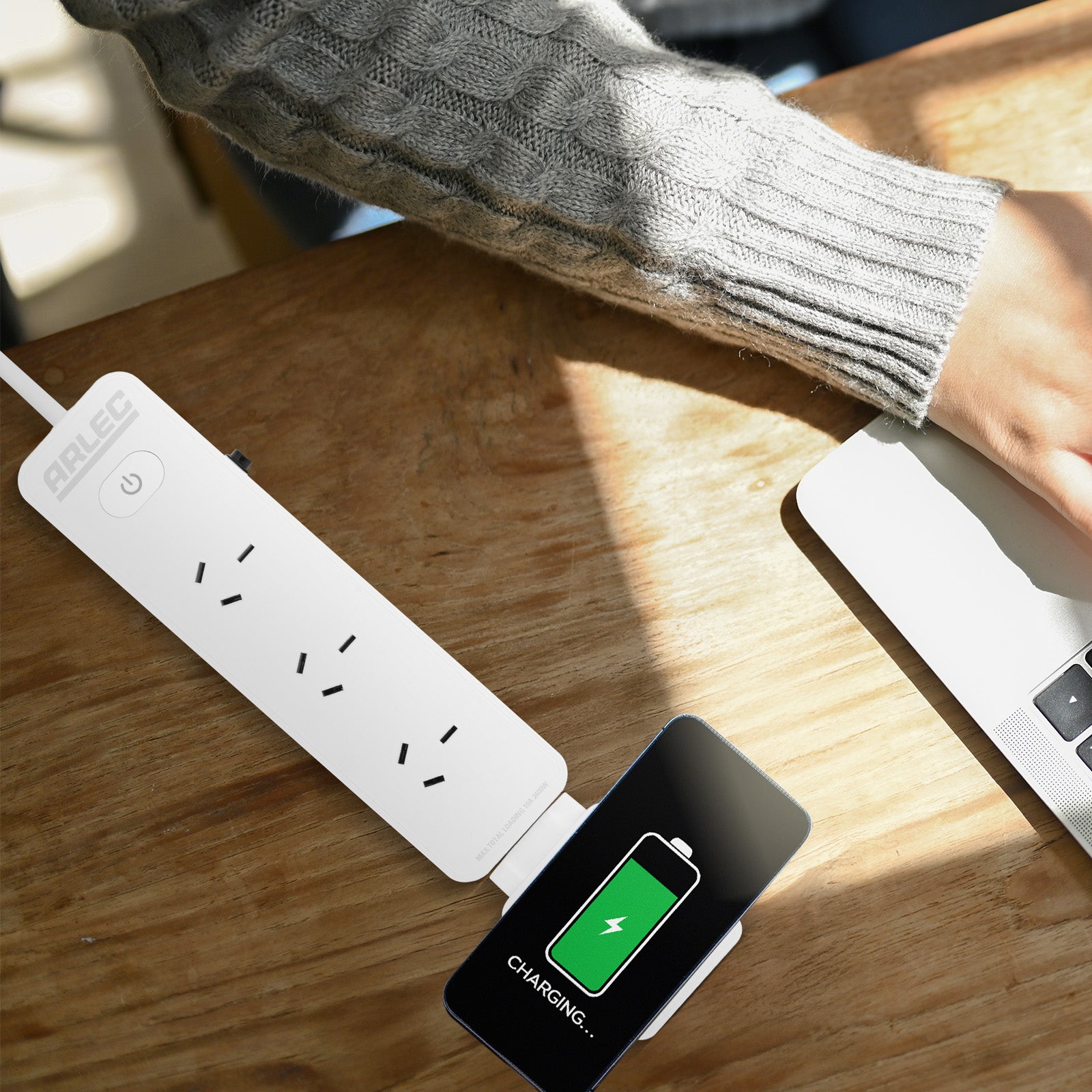 Arlec 4 Outlet Powerboard With Detachable 10W Wireless Charger - wireless charging board, 4 outlet power strip, detachable charger board