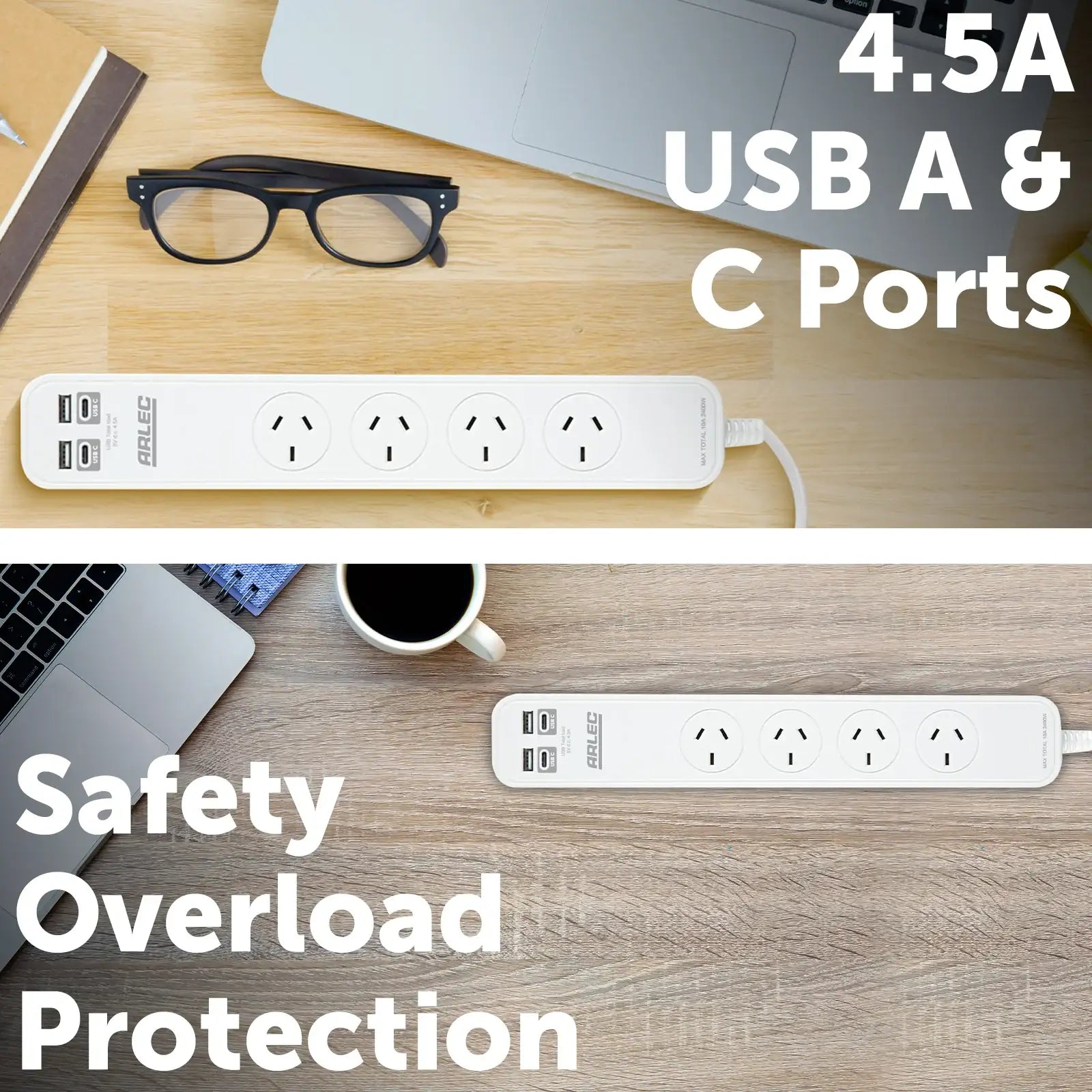 Arlec 4 Outlet Powerboard With USB 2A And 2C Charging Ports - USB charging board, power strip with 4 outlets, fast charge powerboard