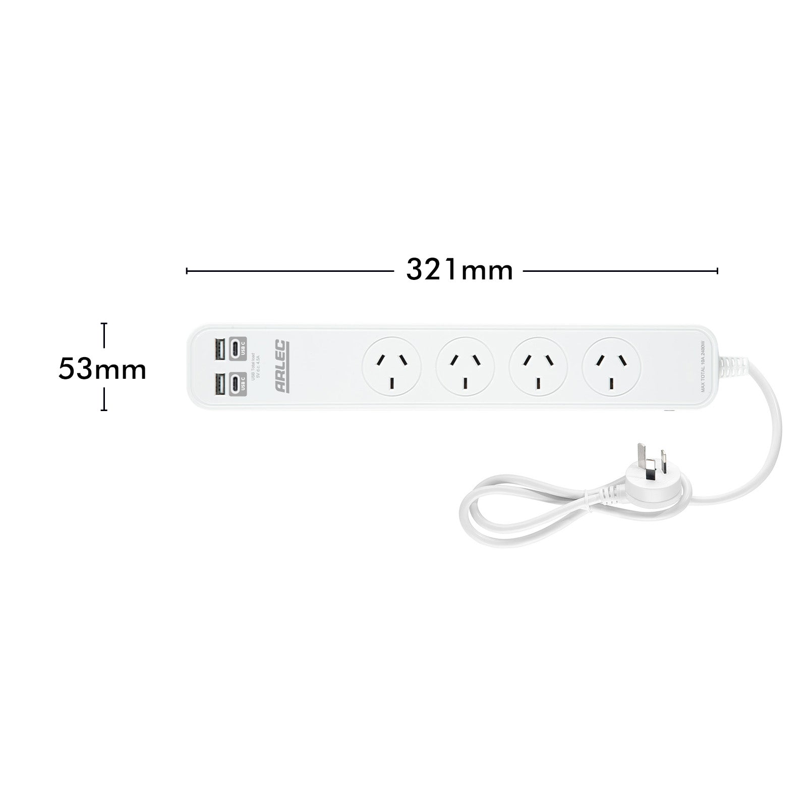Arlec 4 Outlet Powerboard With USB 2A And 2C Charging Ports - USB charging board, power strip with 4 outlets, fast charge powerboard
