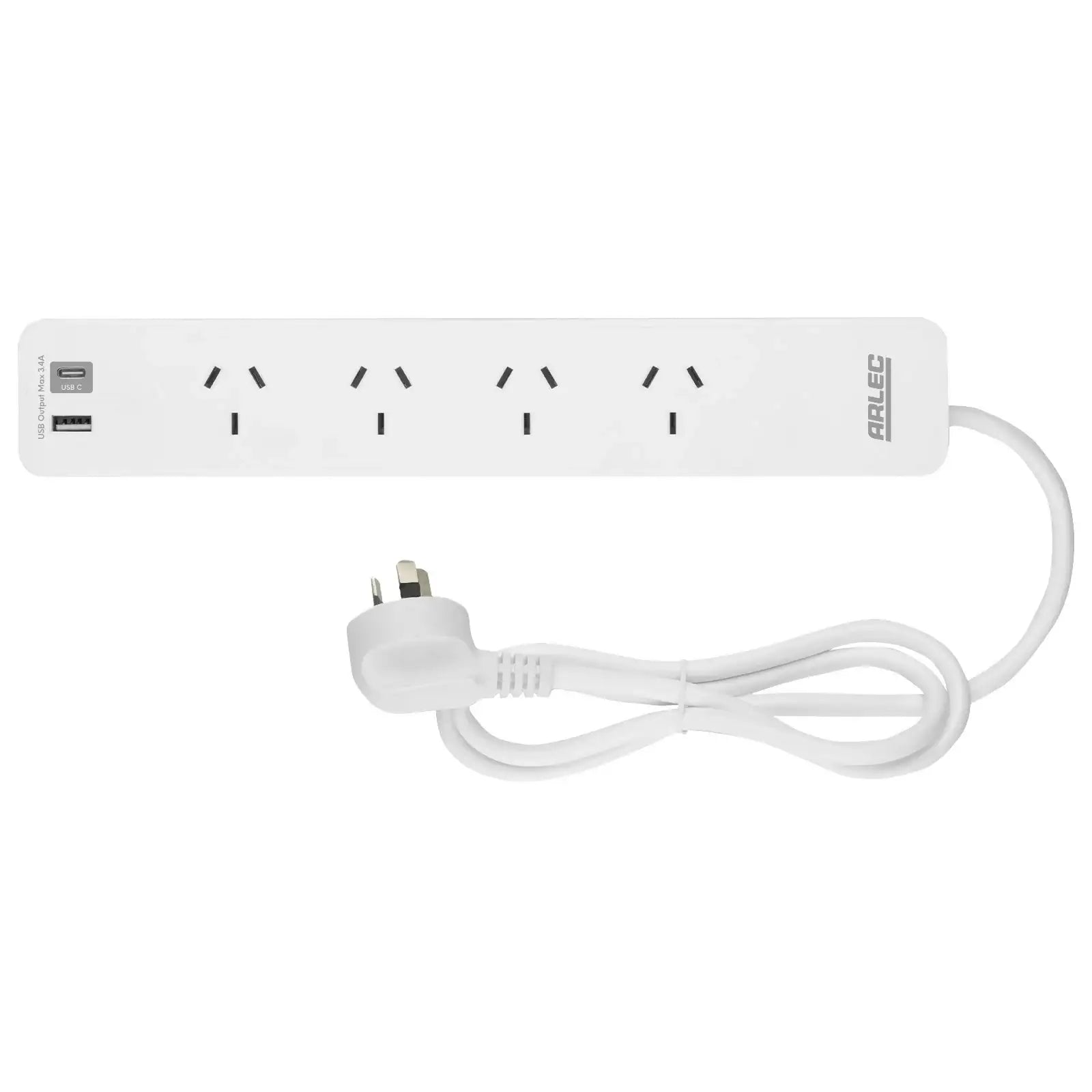 Arlec 4 Outlet Powerboard With USB Chargers - USB charging board, 4 outlet power strip, safety protected extension