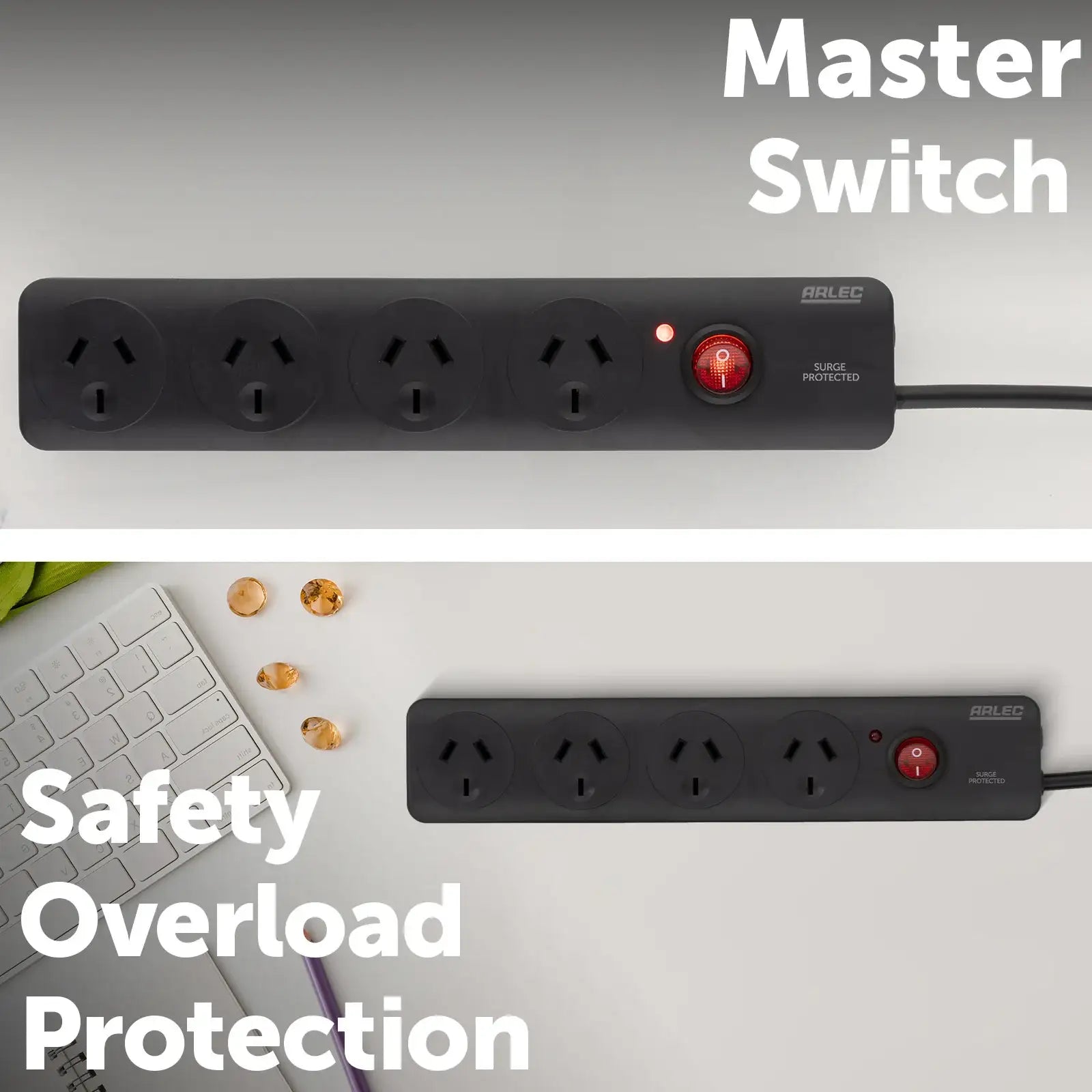 Arlec 4 Outlet Surge Powerboard Black – surge protected extension board, compact black design