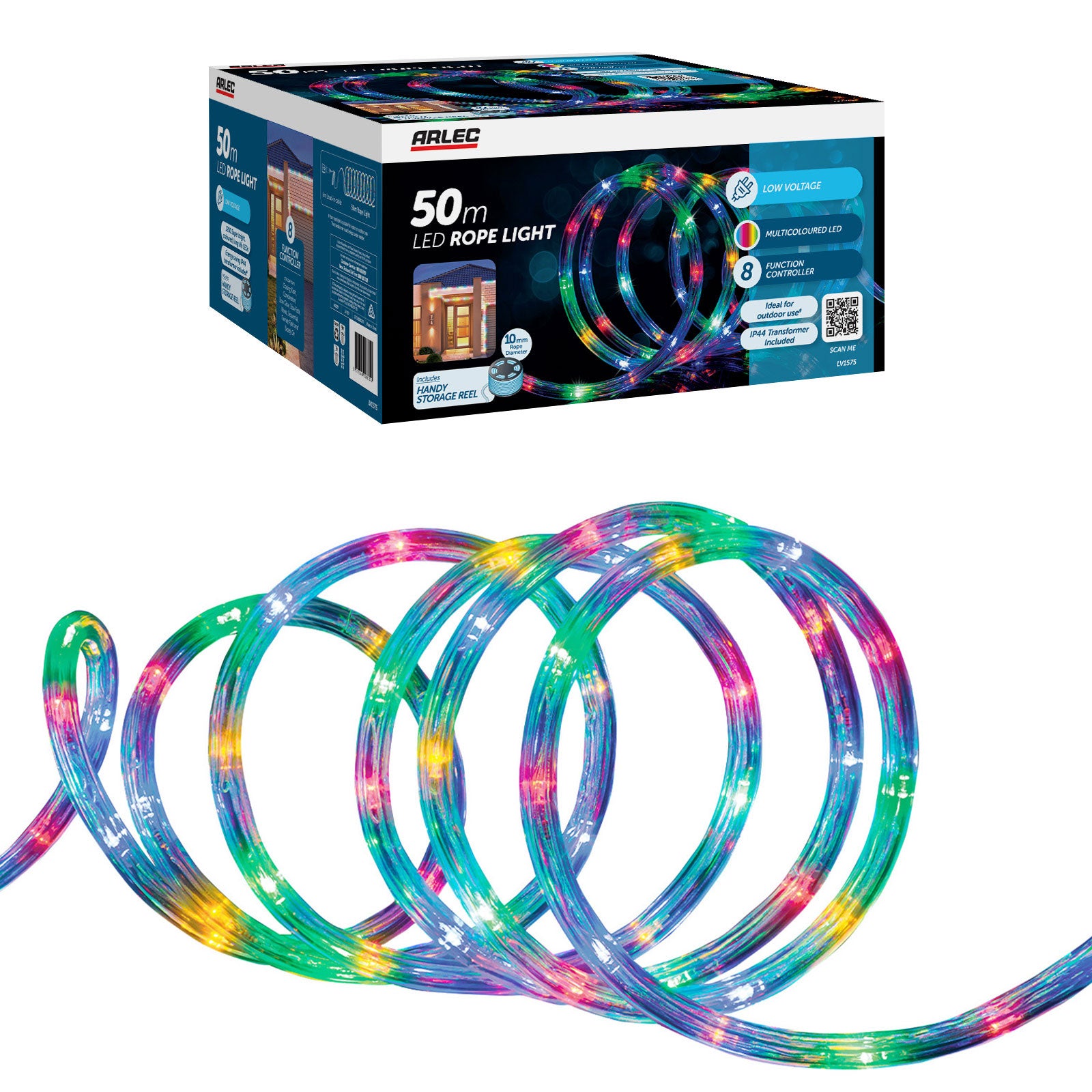 Arlec 50m multicolour LED rope light with 8-function controller and storage reel