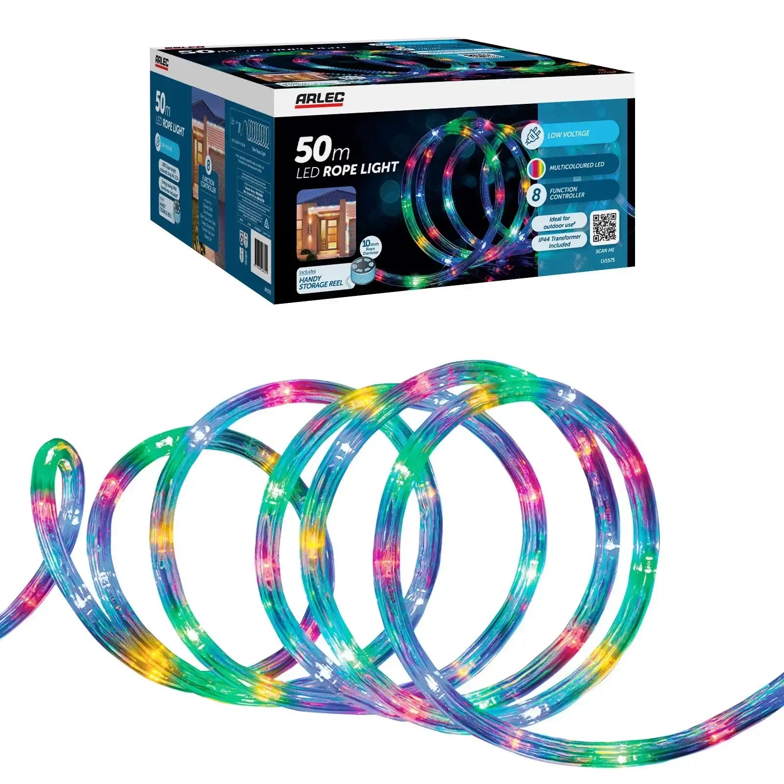 Arlec 50m multicolour LED rope light with 8-function controller and storage reel