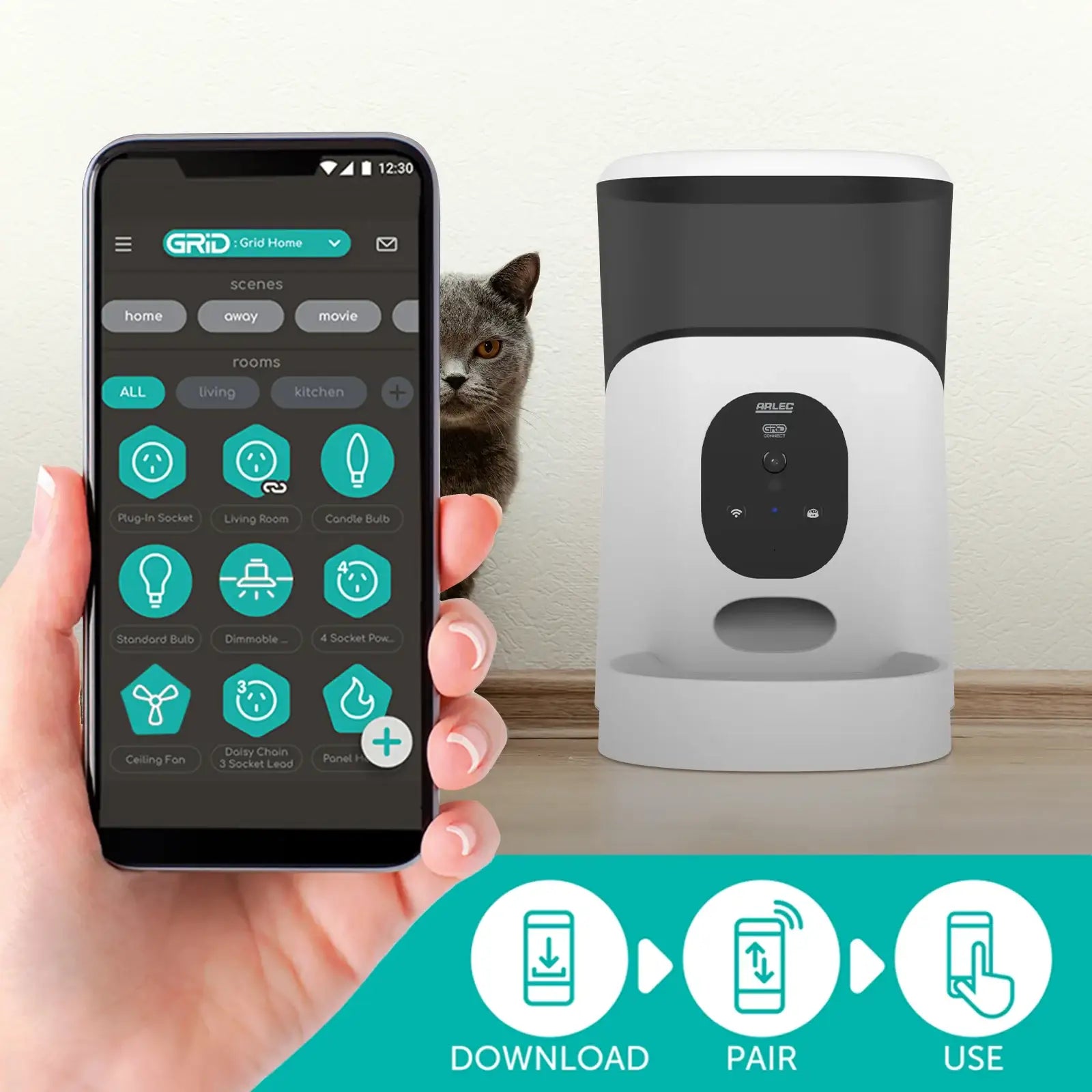 Arlec 5L Grid Connect Smart Pet Feeder with Camera – smart Wi-Fi pet feeder, automatic food dispenser with camera, Grid Connect smart feeder