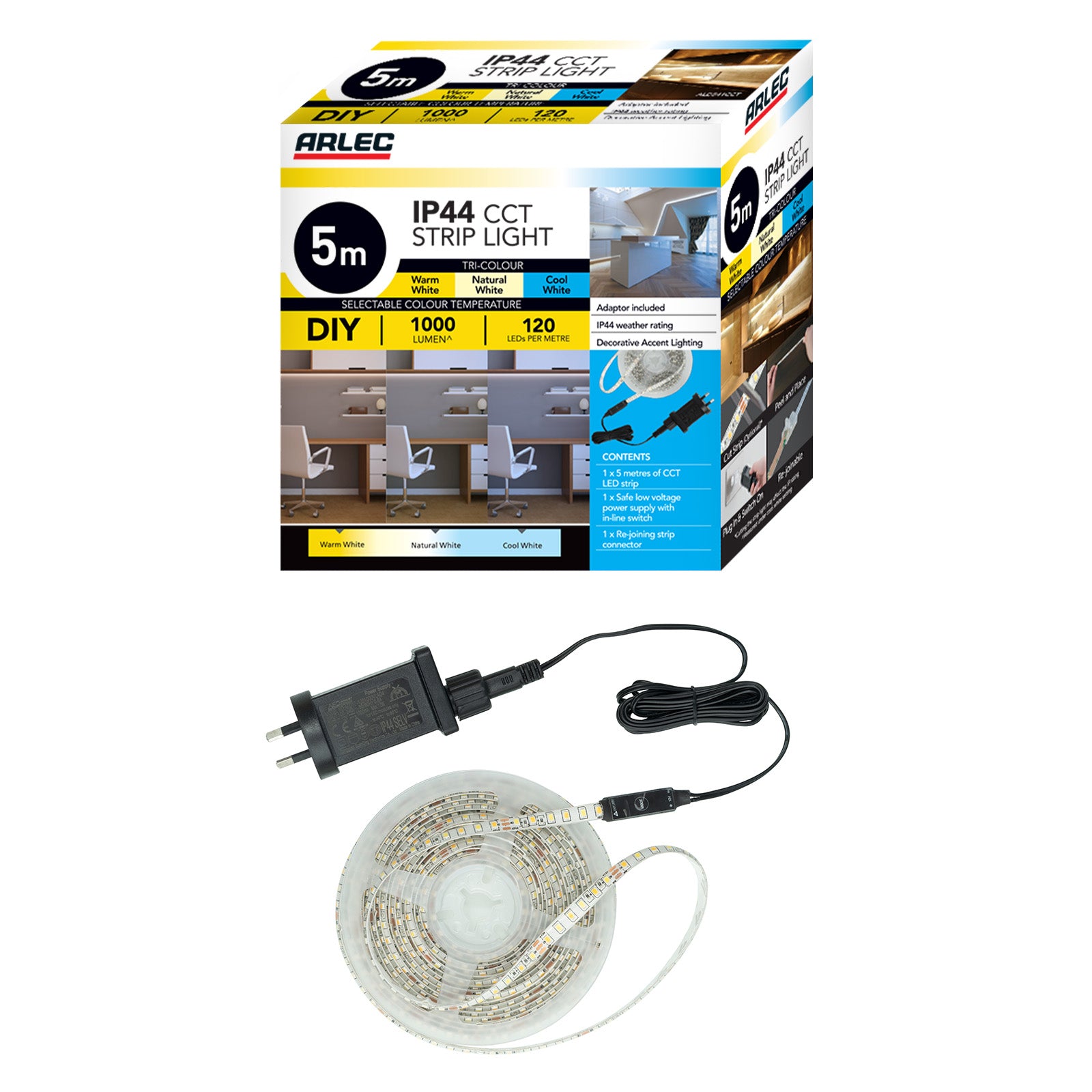 Arlec 5m CCT LED strip light, weatherproof IP65 strip with tri-colour lighting, home accent LED