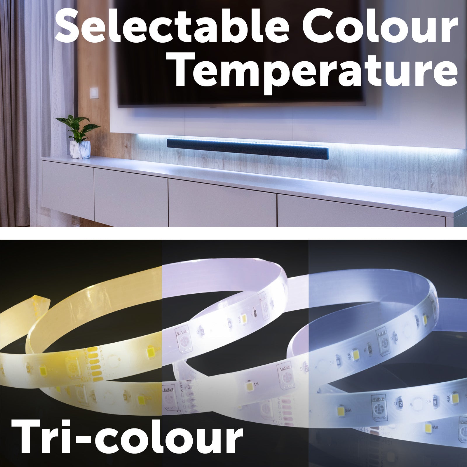 Arlec 5m CCT LED strip light, weatherproof IP65 strip with tri-colour lighting, home accent LED