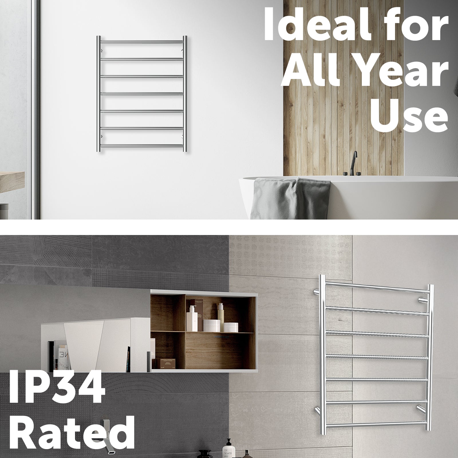 Arlec 68W 7 bar stainless steel heated towel rail for bathrooms