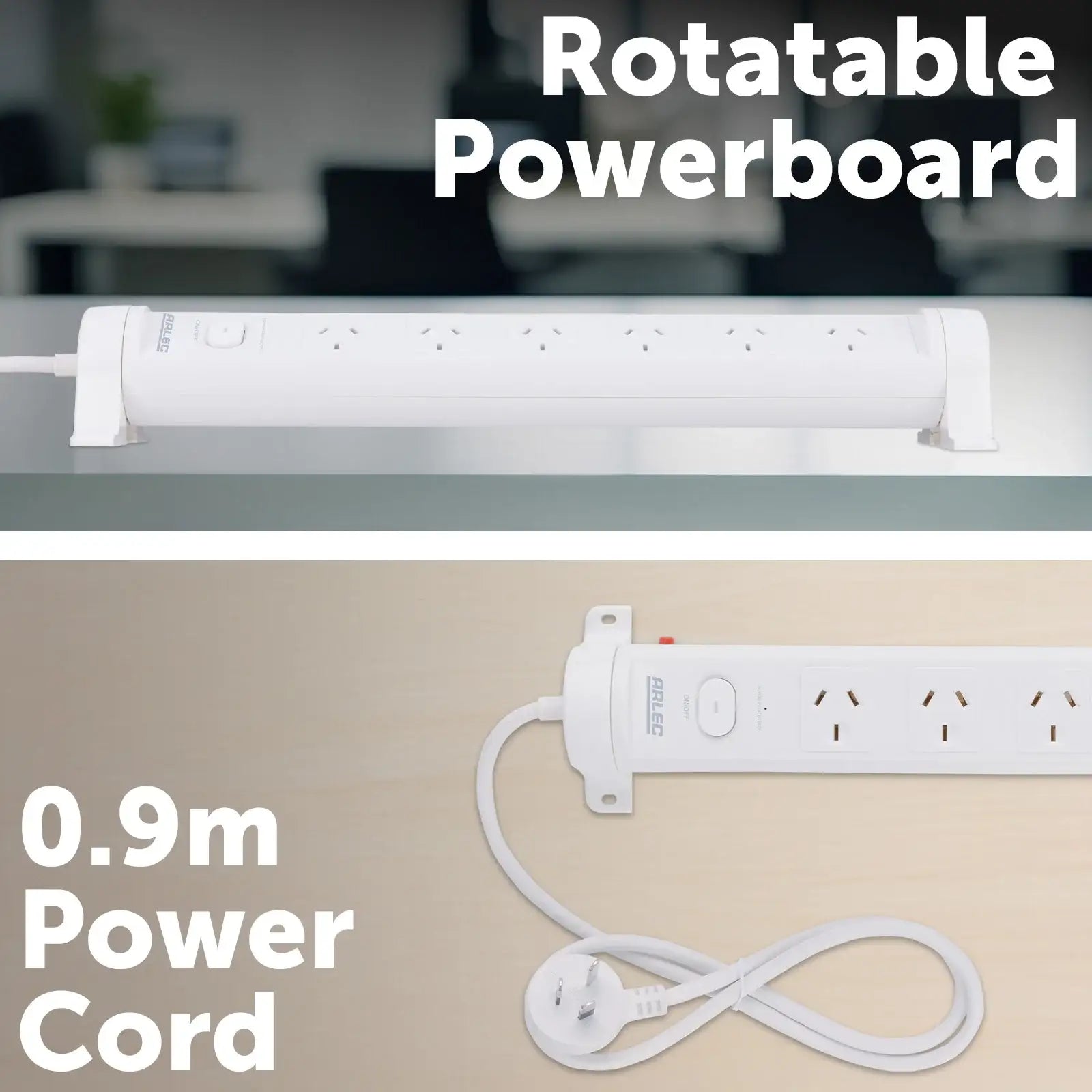 Arlec 6 Outlet Rotatable Powerboard with Surge Protection – rotating extension board with surge protection and 6 outlets